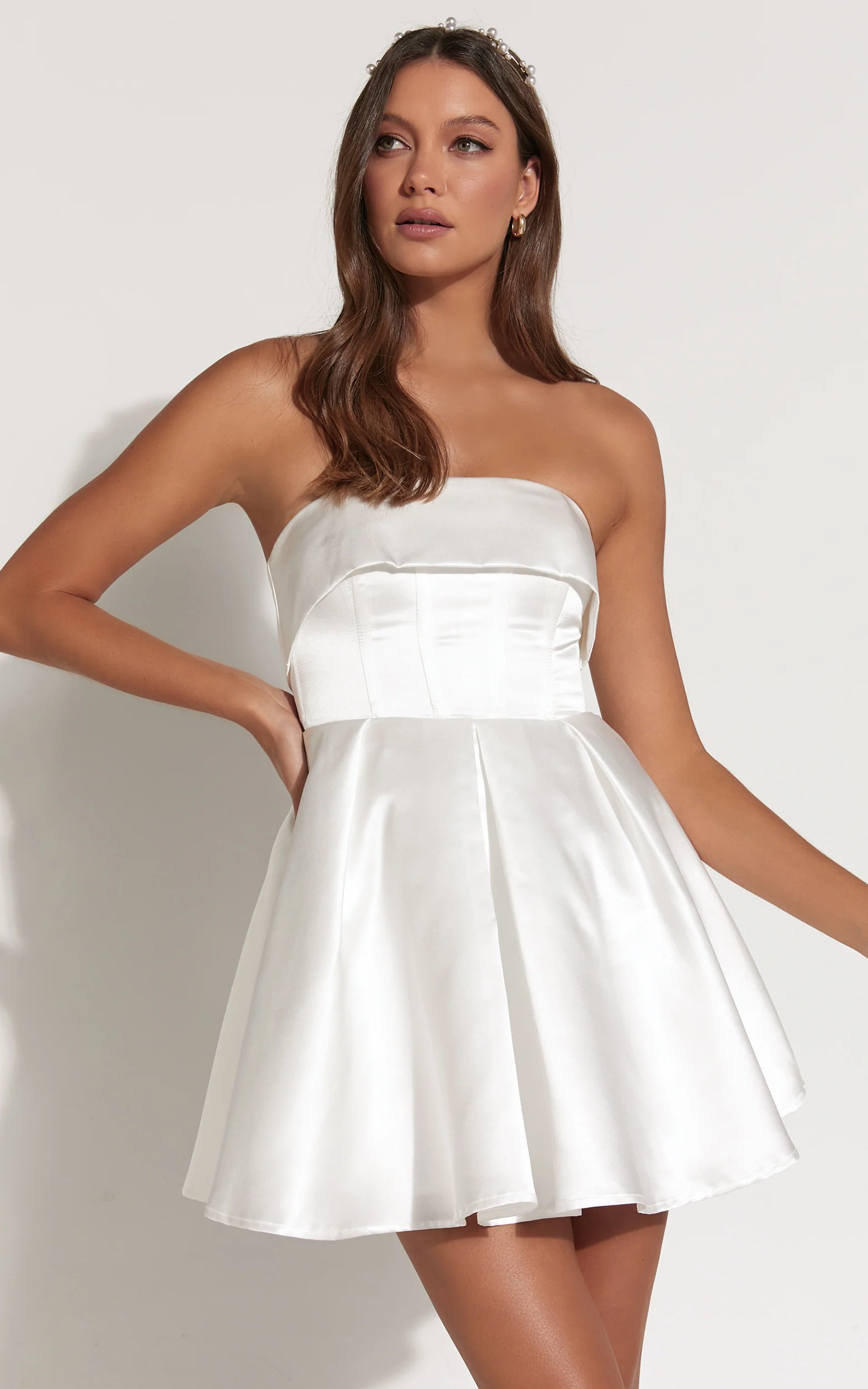 Valora Mini Dress - Strapless Fit and Flare Satin Dress in Ivory - Image 7
