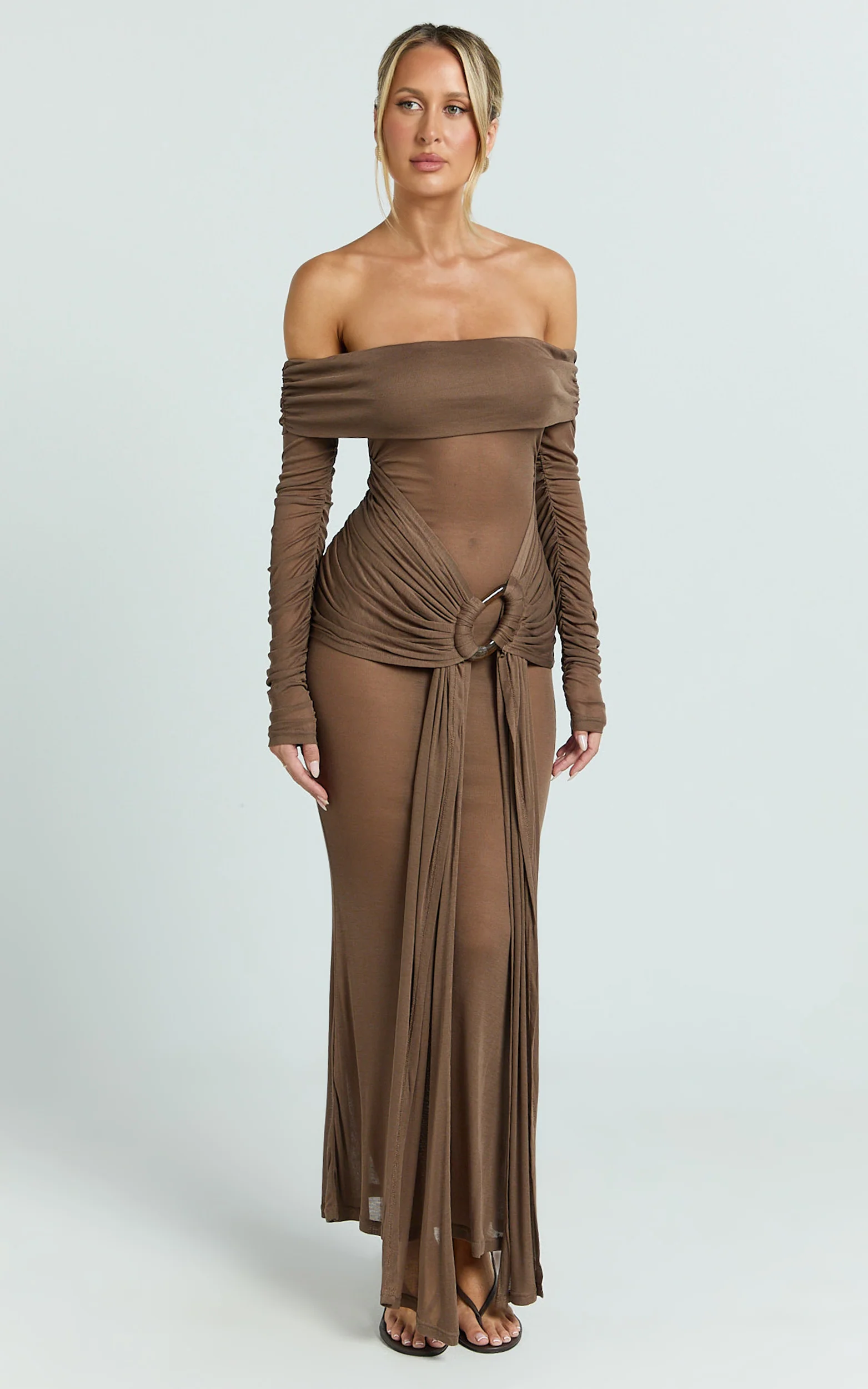 Velma Maxi Dress - Jersey Long Sleeve Off Shoulder Twist Skirt Dress in Brown - Image 4