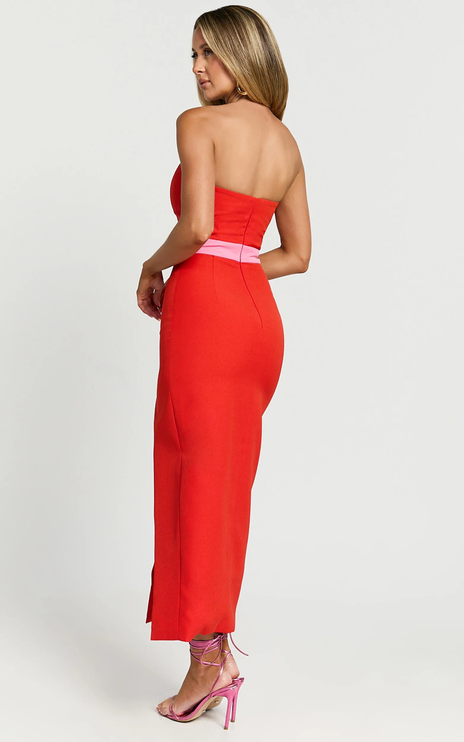 Veronica Midi Dress - Sweetheart Strapless Bow Detail High Split Dress in Red - Image 2