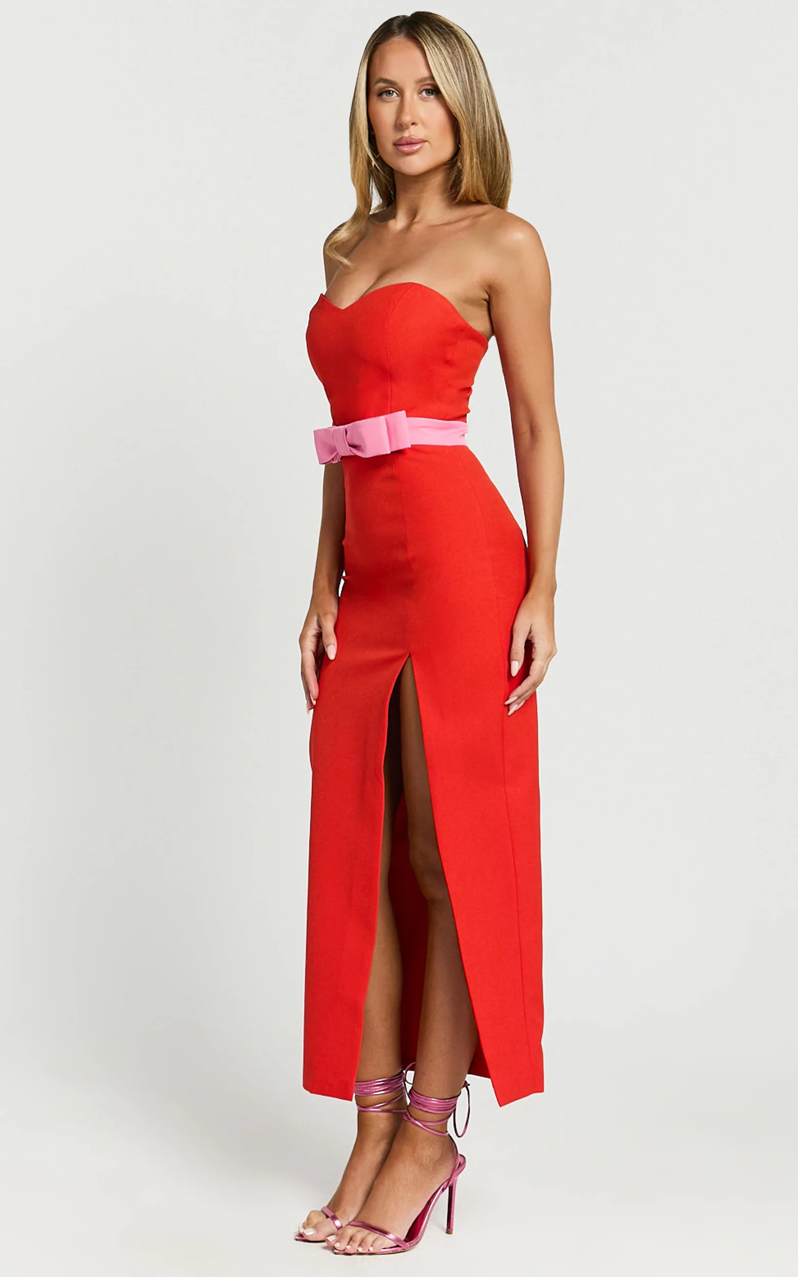 Veronica Midi Dress - Sweetheart Strapless Bow Detail High Split Dress in Red - Image 9