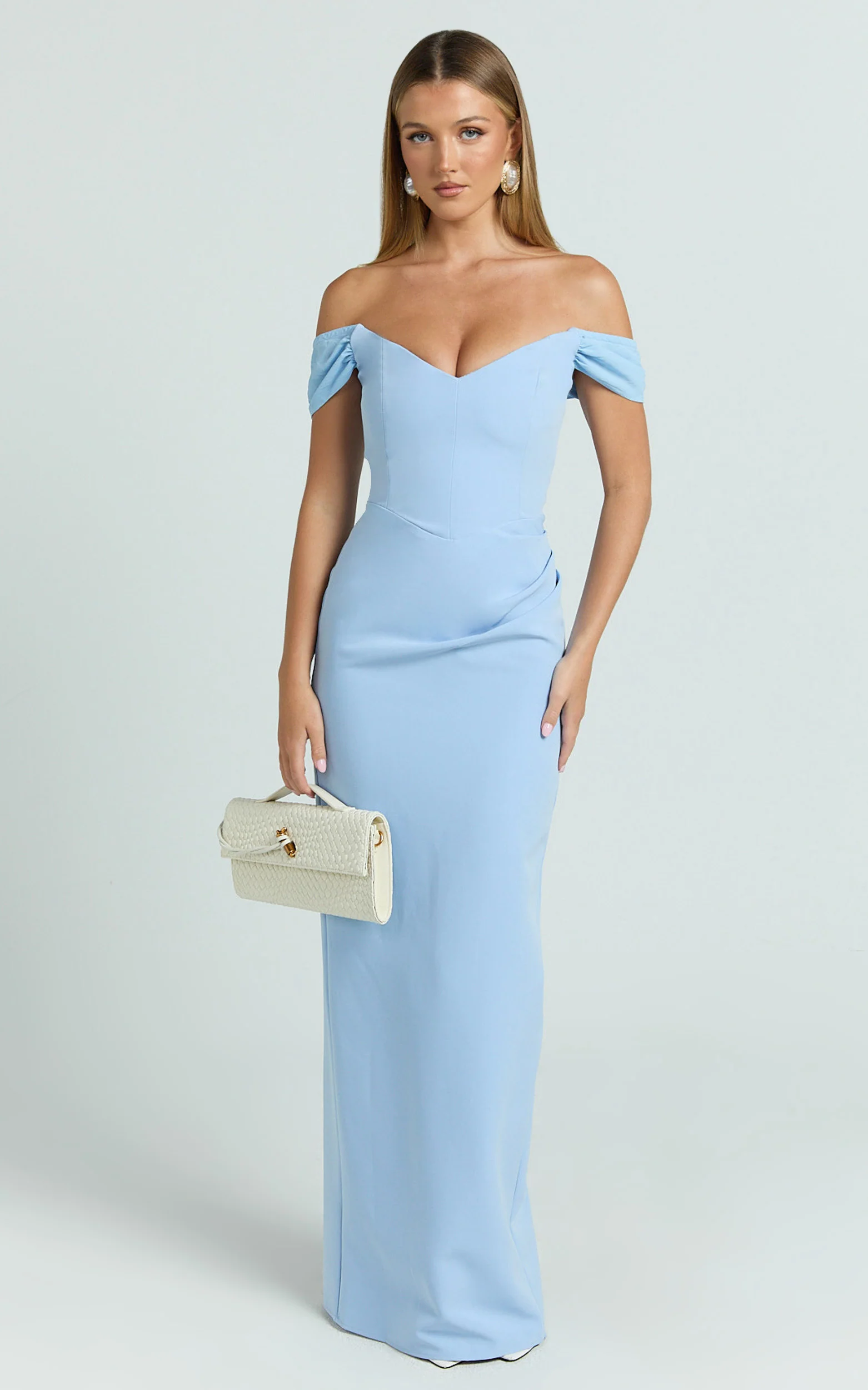Veronika Maxi Dress - Off Shoulder Plunge High Split Dress in Blue - Image 5