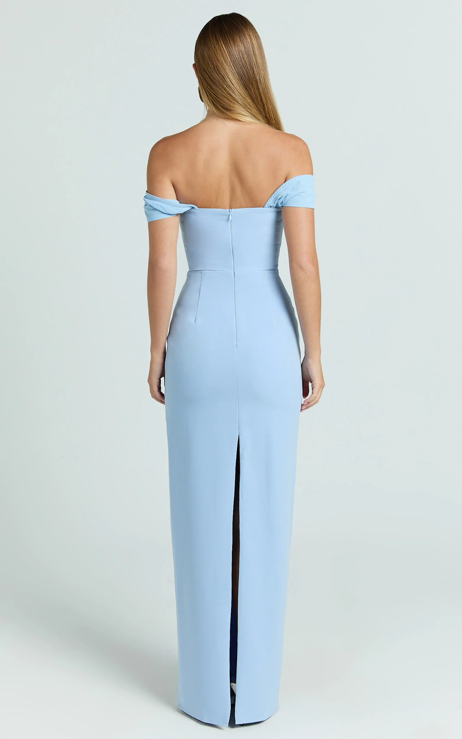 Veronika Maxi Dress - Off Shoulder Plunge High Split Dress in Blue - Image 7