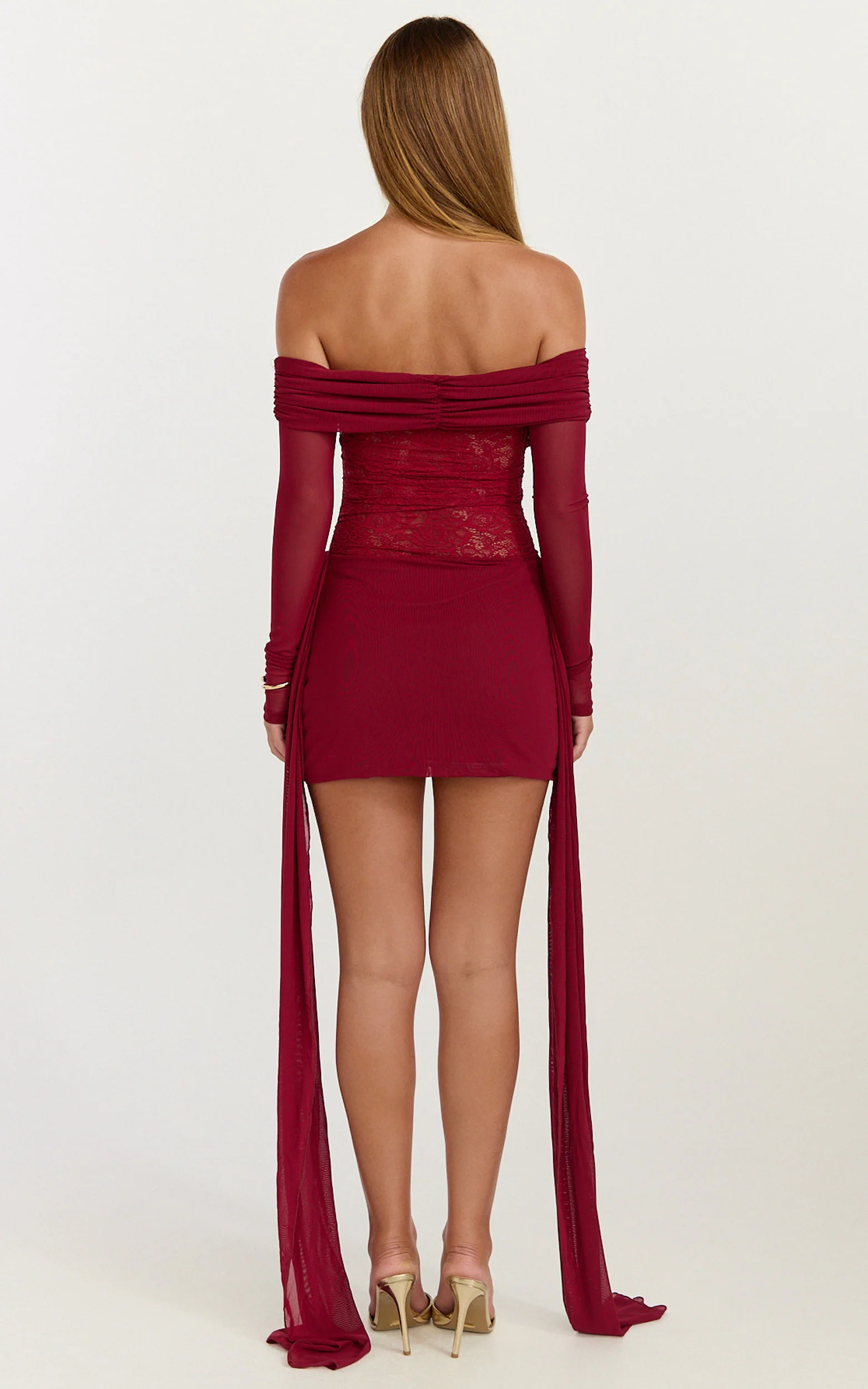 Vesper Mini Dress - Contrast Lace Bodice Long Sleeve Dress in Wine - Image 5
