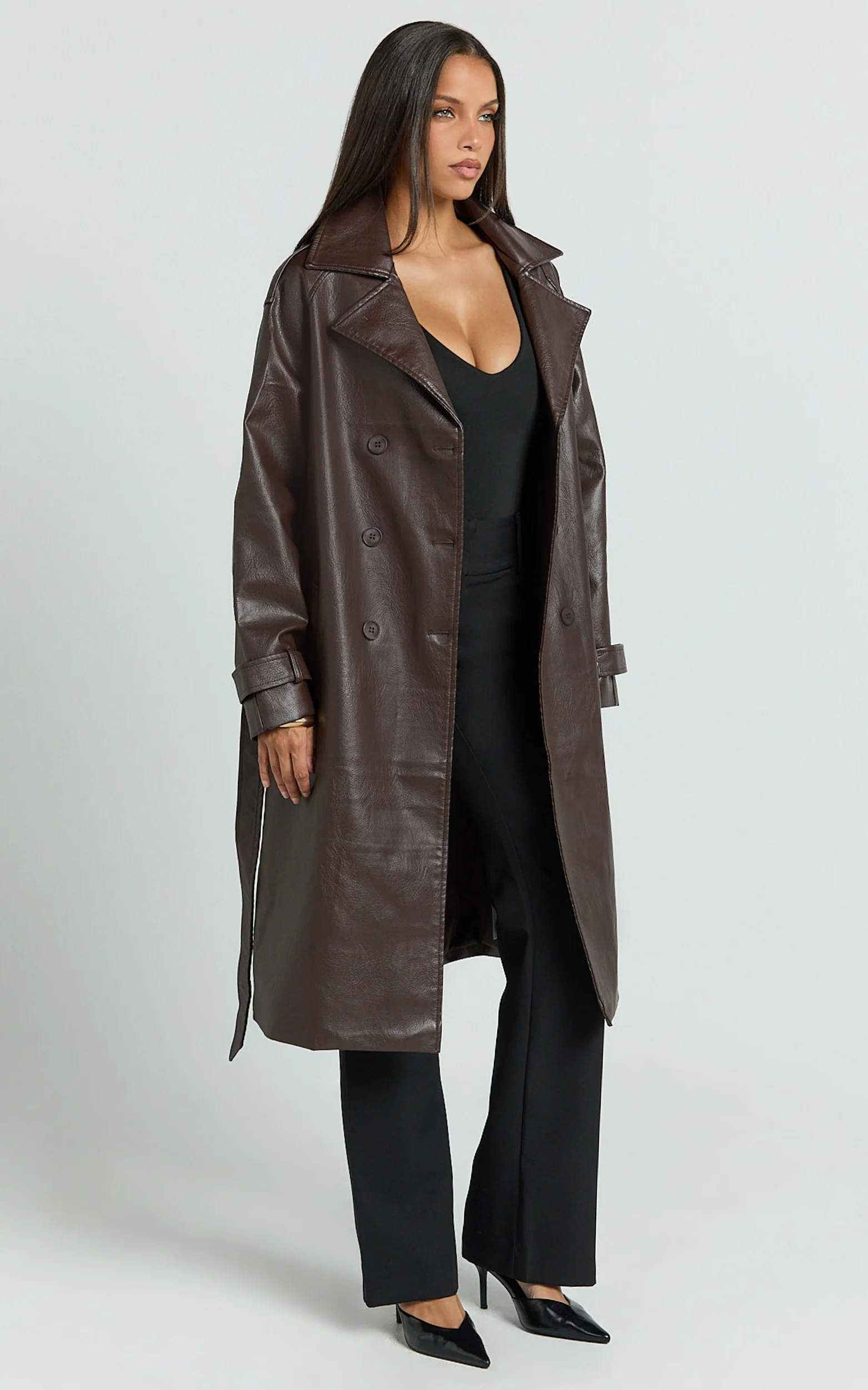 Vicki Trench Coat - Faux Leather Washed Trench Coat in Chocolate - Image 5
