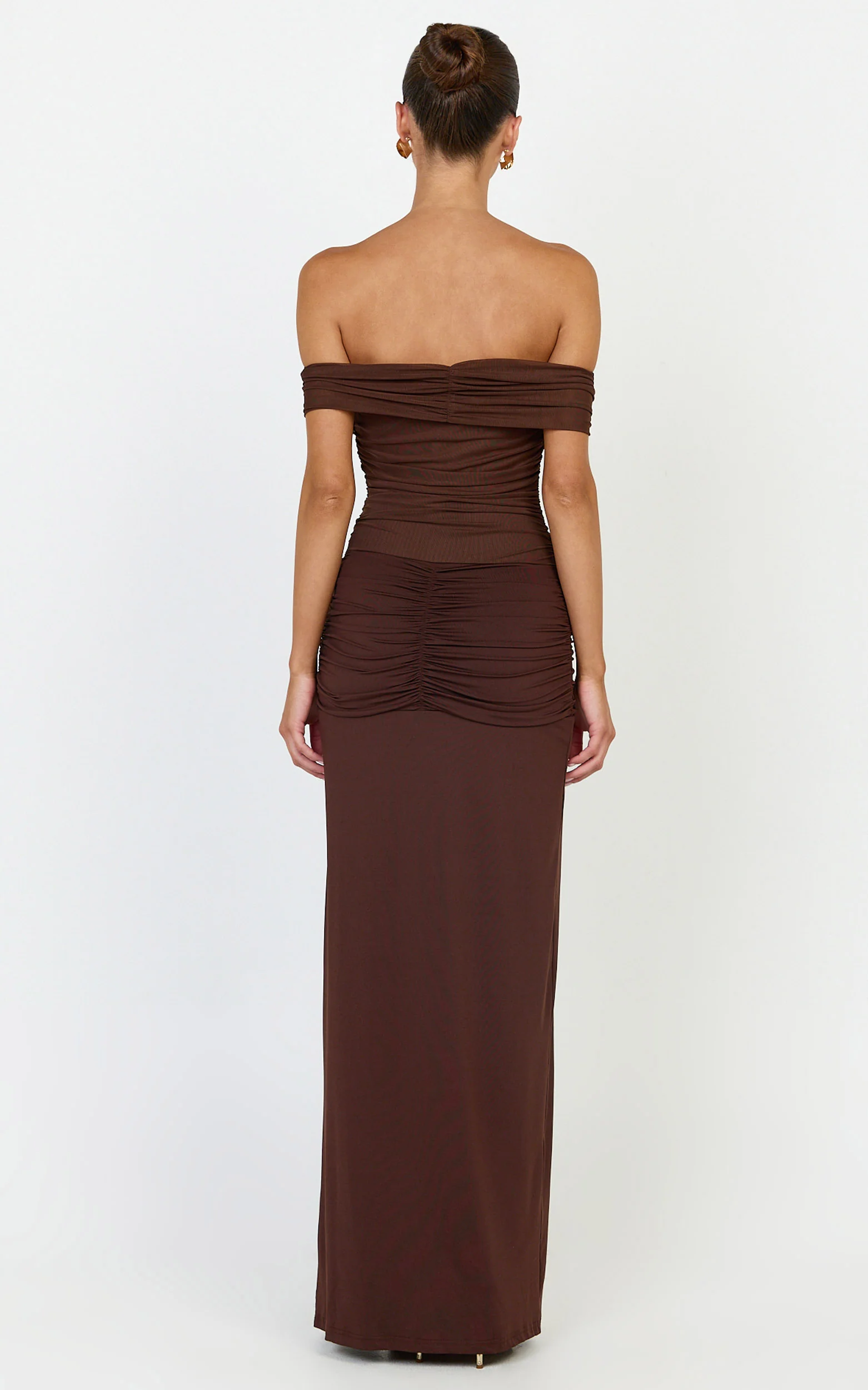 Vienna Maxi Dress - Off Shoulder Gathered Bodice Dress in Chocolate - Image 5