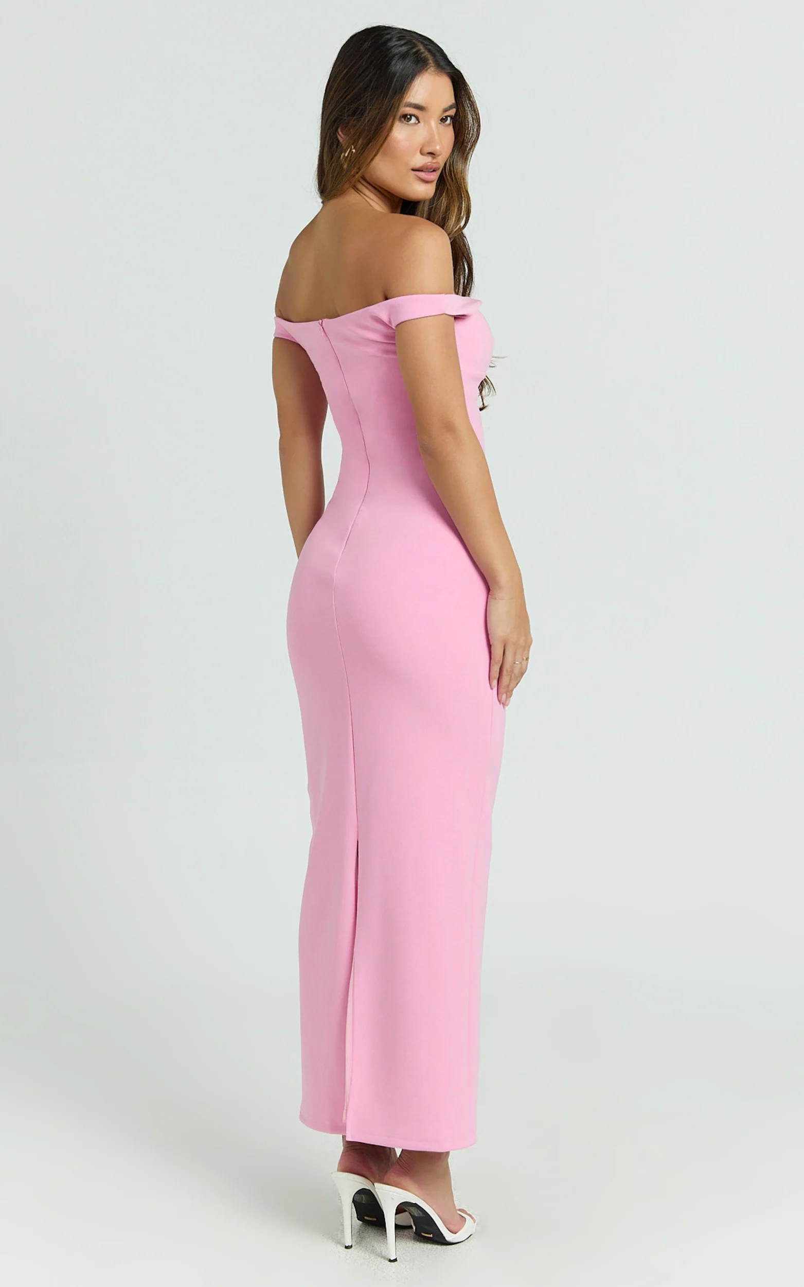 Vinnie Midi Dress - Off Shoulder Bustier Side Tuck Fitted Dress in Pink - Image 6