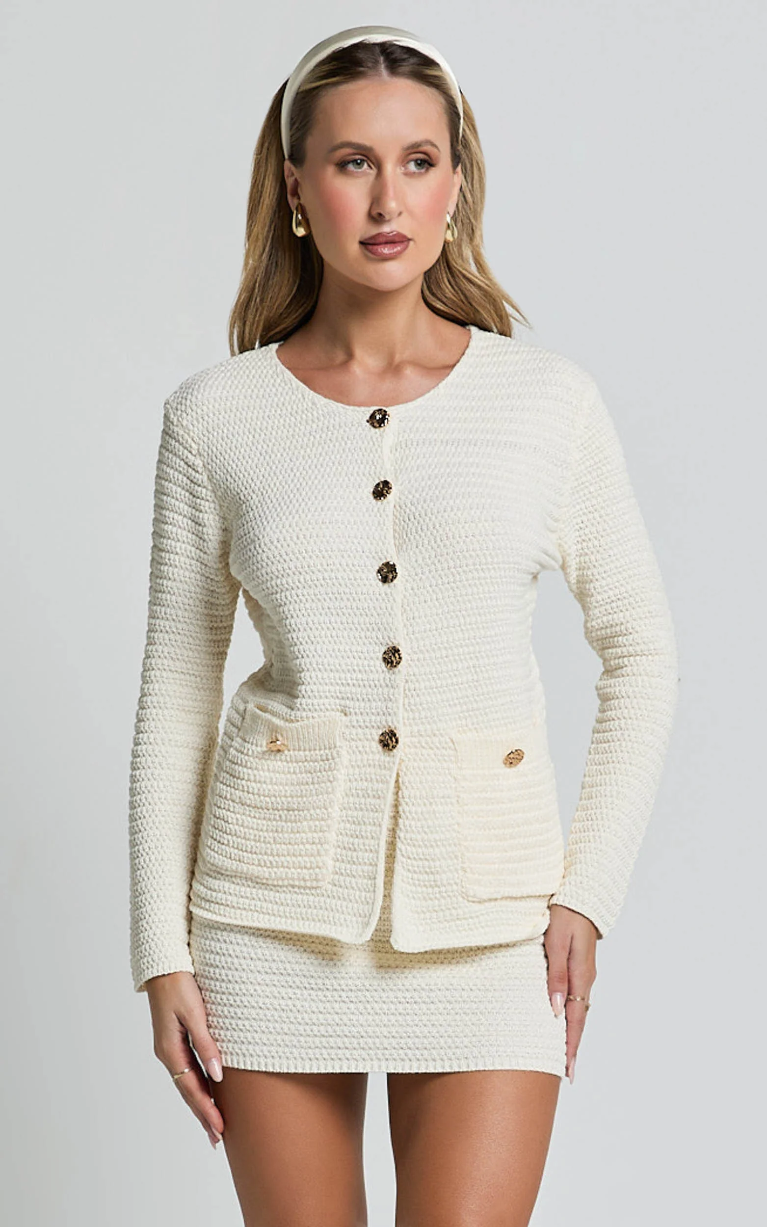 Vinny Two Piece Set - Scoop Neck Cardigan and Mini Skirt Knit Set in White - Image 4