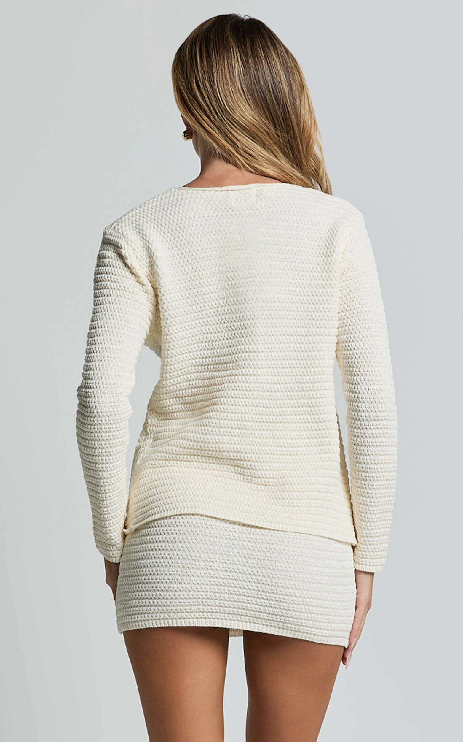 Vinny Two Piece Set - Scoop Neck Cardigan and Mini Skirt Knit Set in White - Image 6