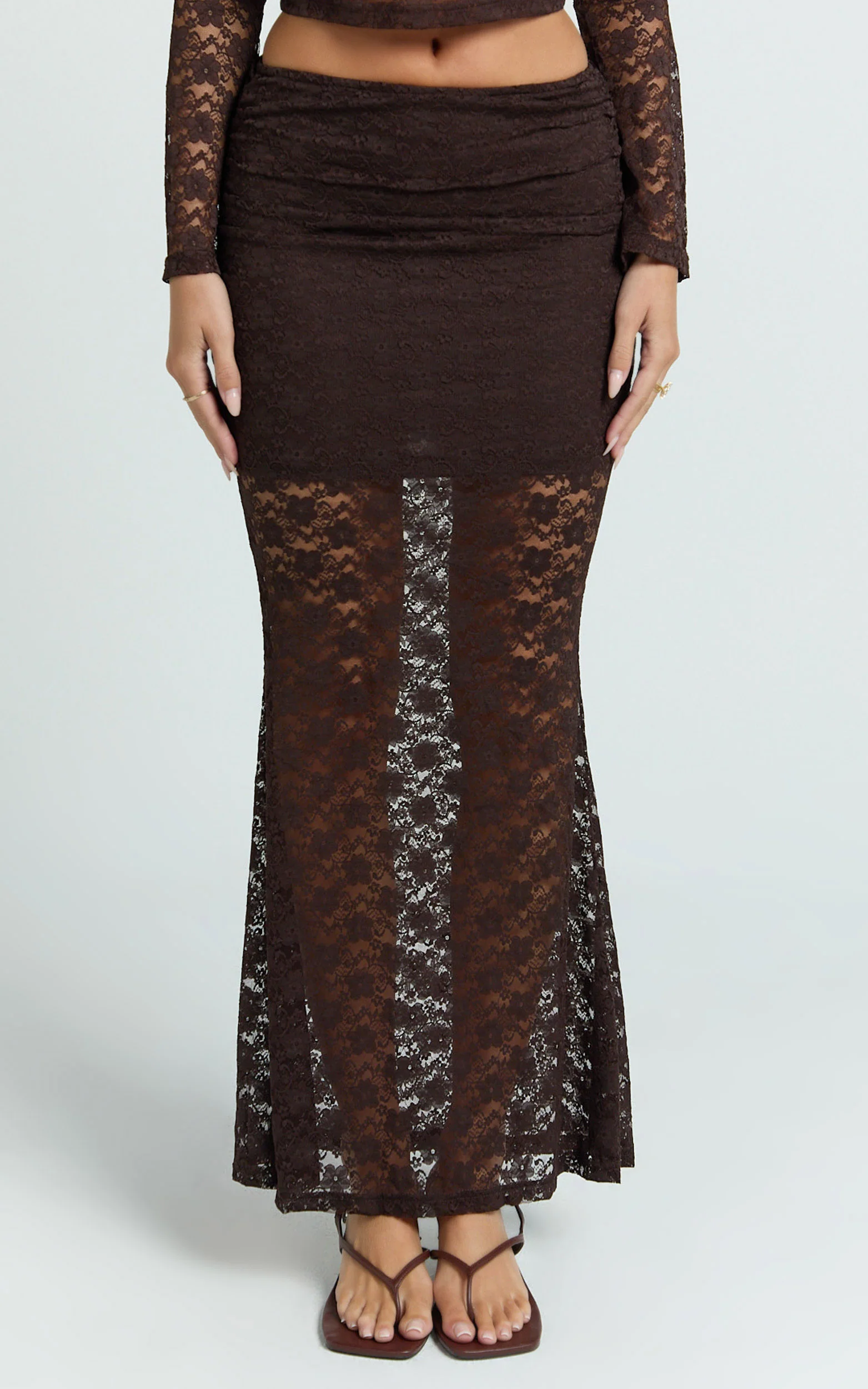 Viola Maxi Skirt - Lace Sheer Bodycon Skirt in Chocolate - Image 4