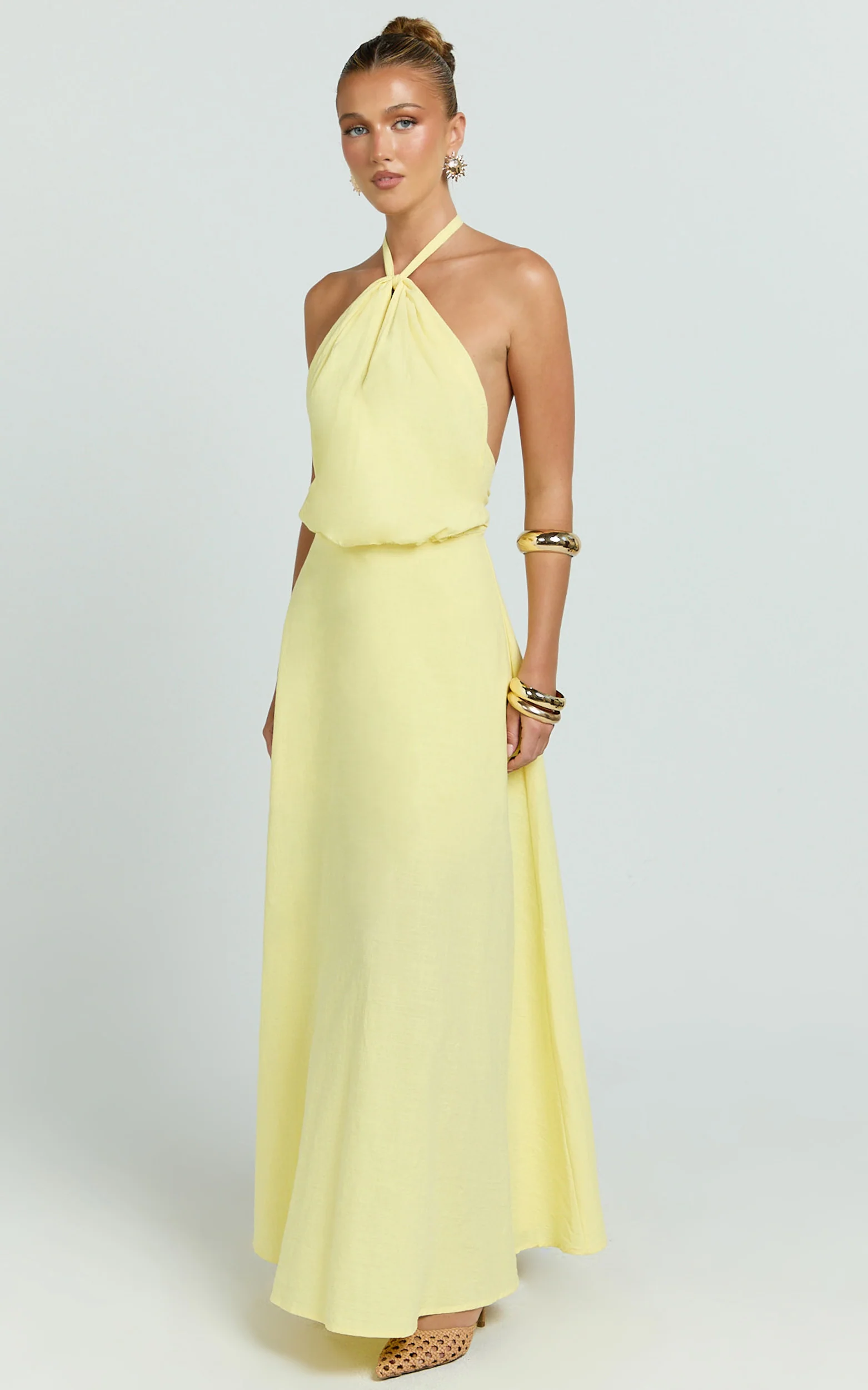 Violetta Maxi Dress - Backless Linen Look Hater Neck Dress in Lemon - Image 3