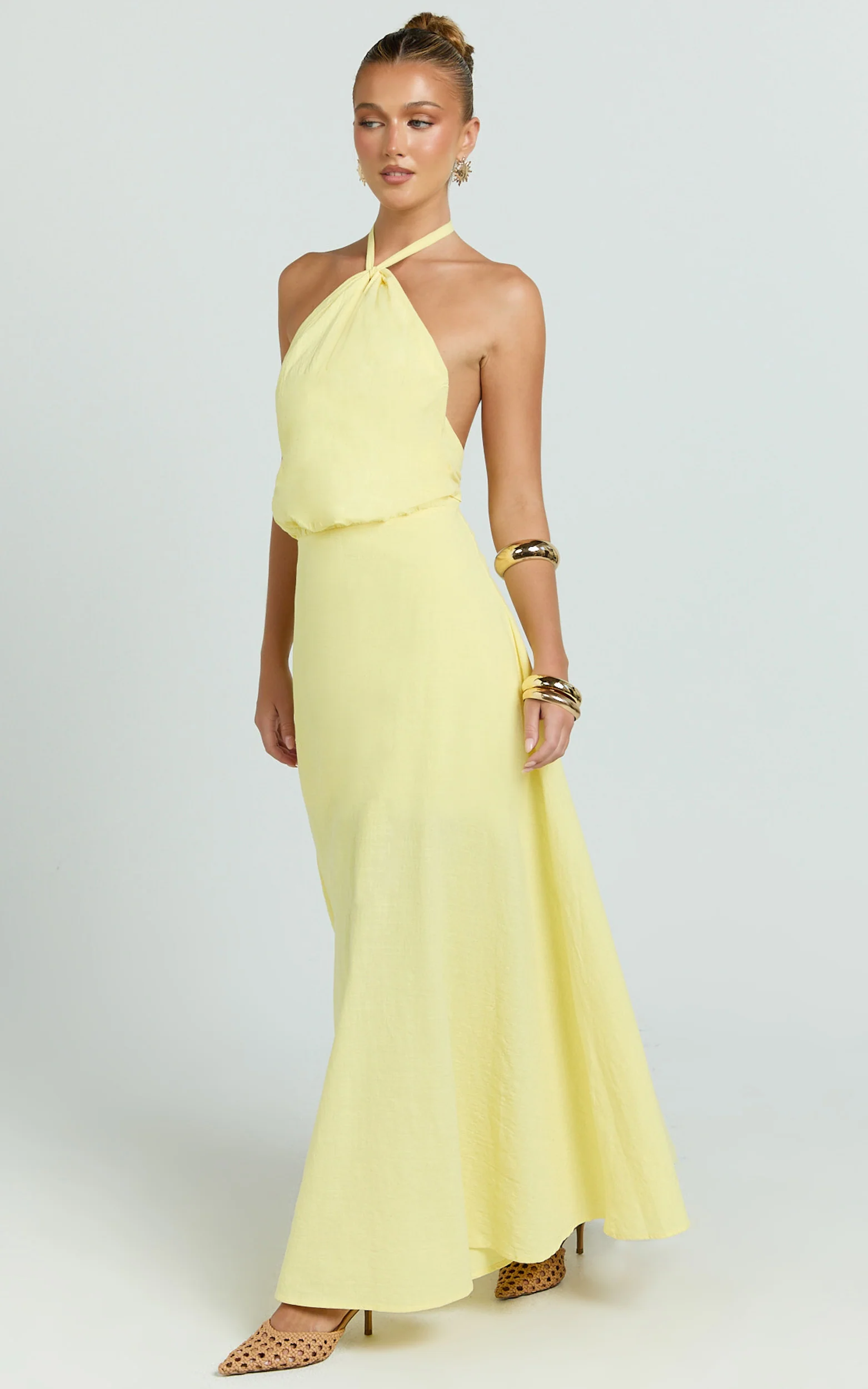 Violetta Maxi Dress - Backless Linen Look Hater Neck Dress in Lemon - Image 5
