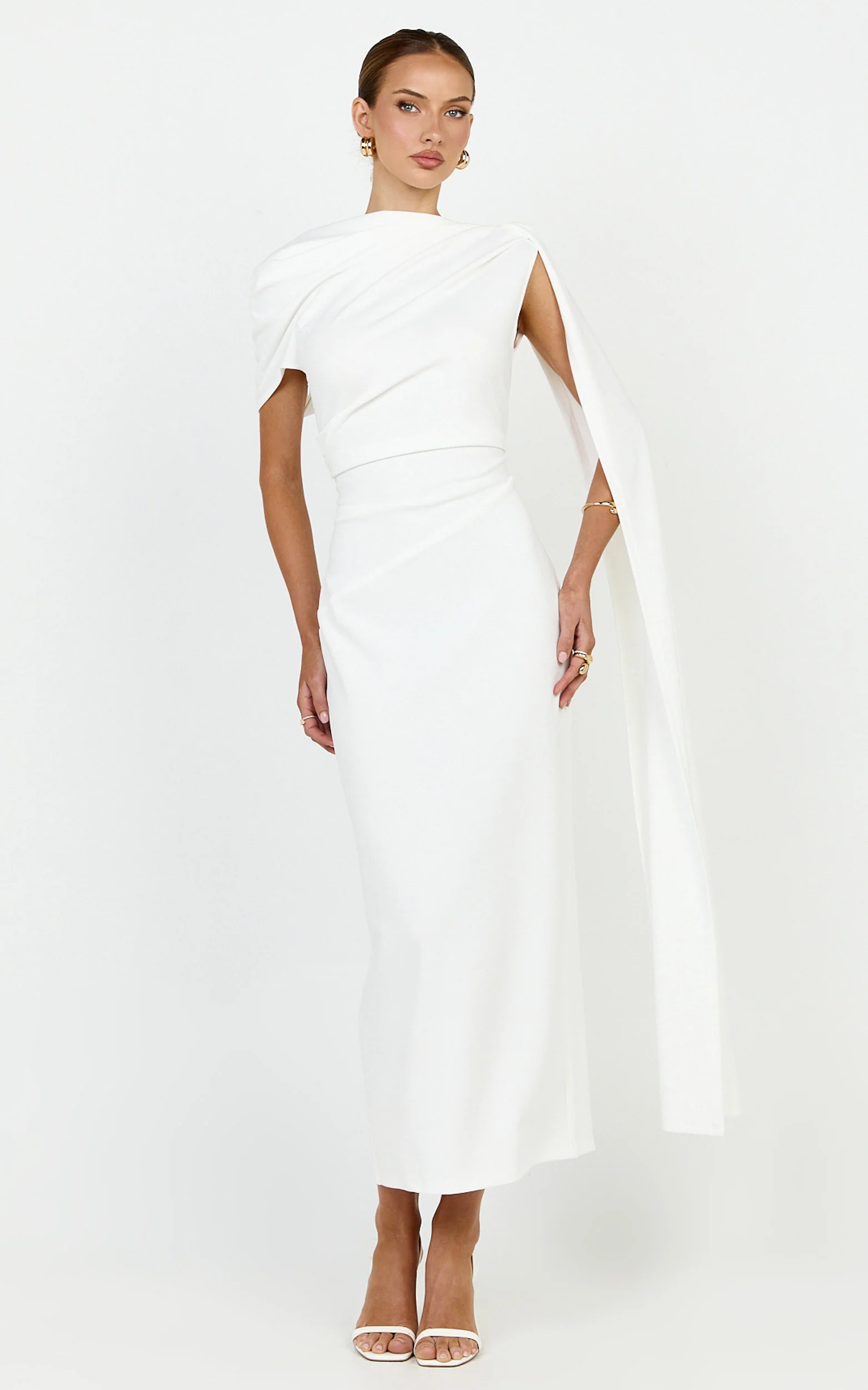 Visenta Midi Dress - Asymmetrical Sleeve Dress in White - Image 3