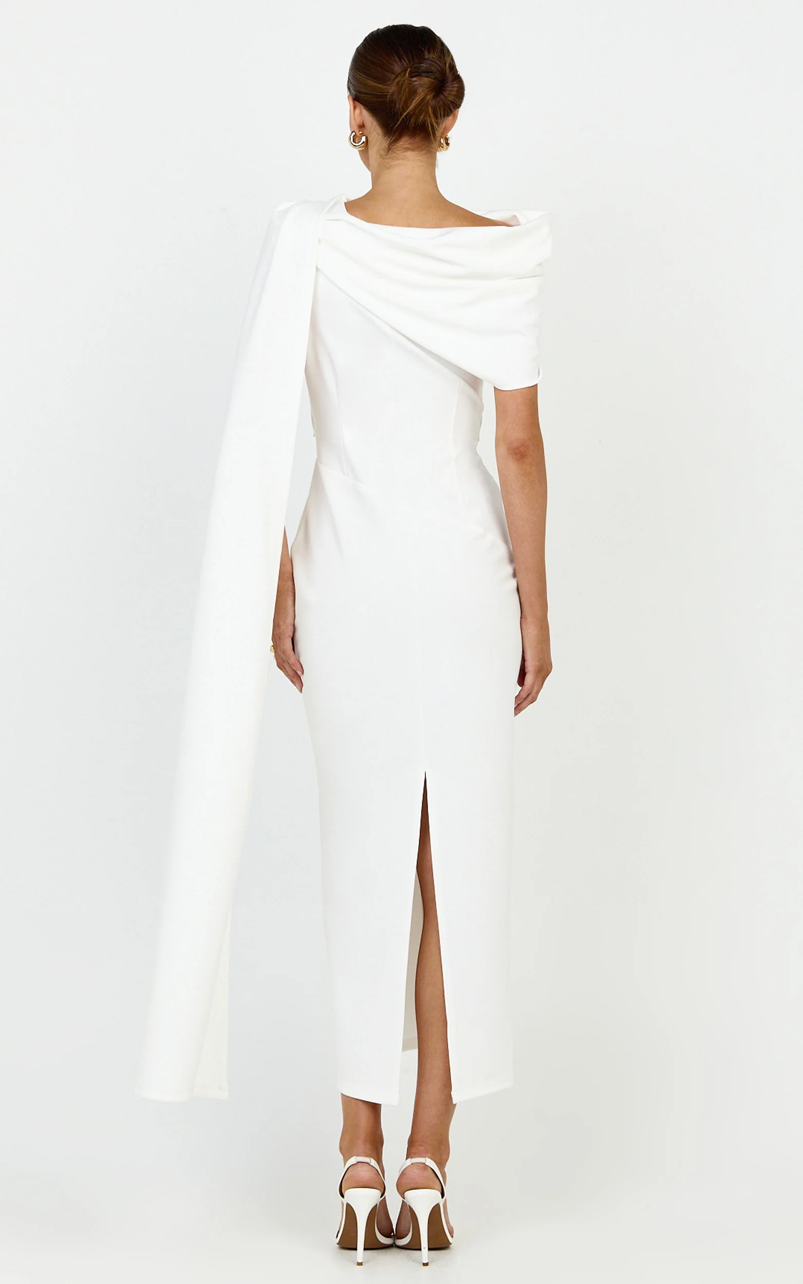 Visenta Midi Dress - Asymmetrical Sleeve Dress in White - Image 5