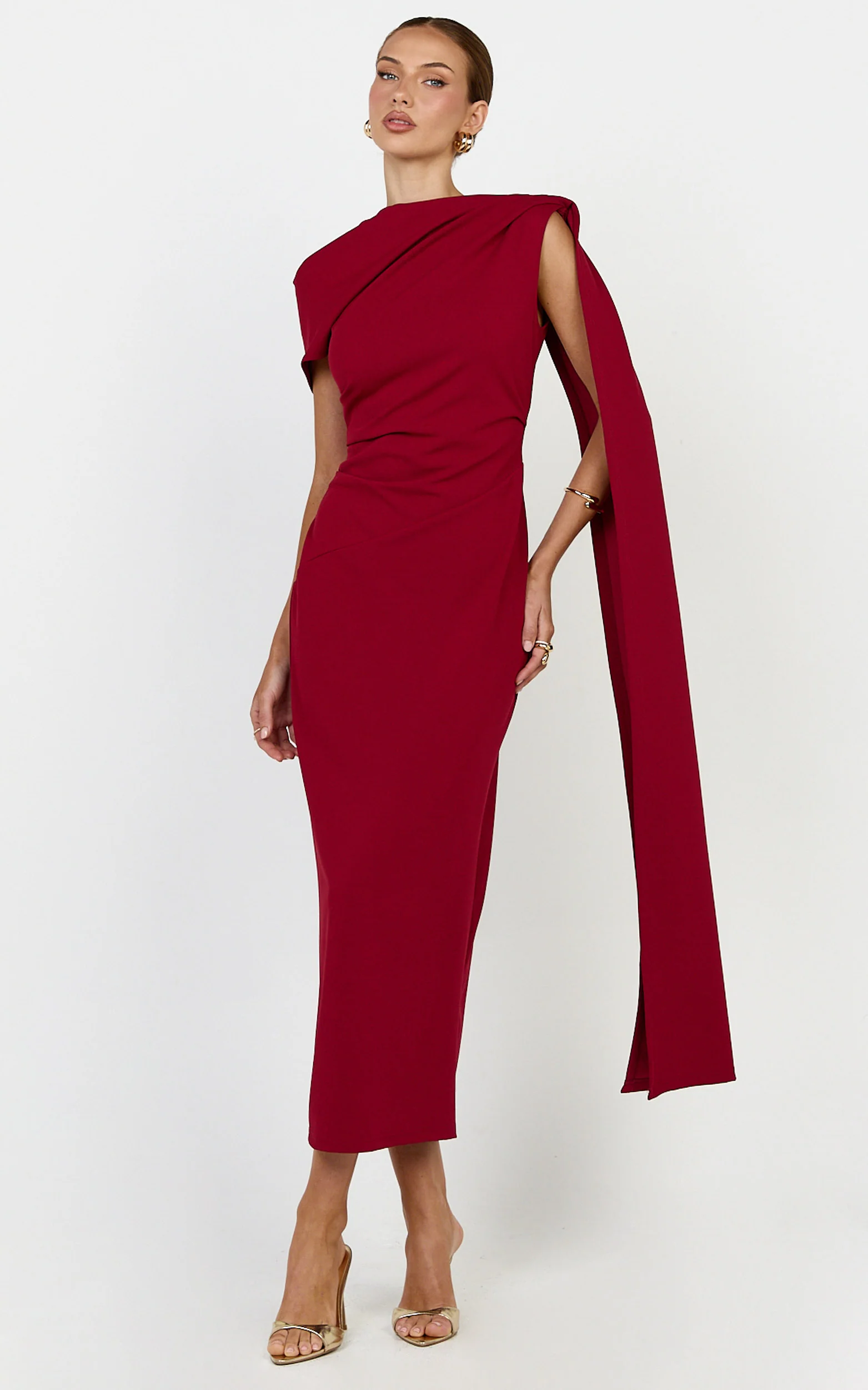 Visenta Midi Dress - Asymmetrical Sleeve Dress in Wine - Image 4