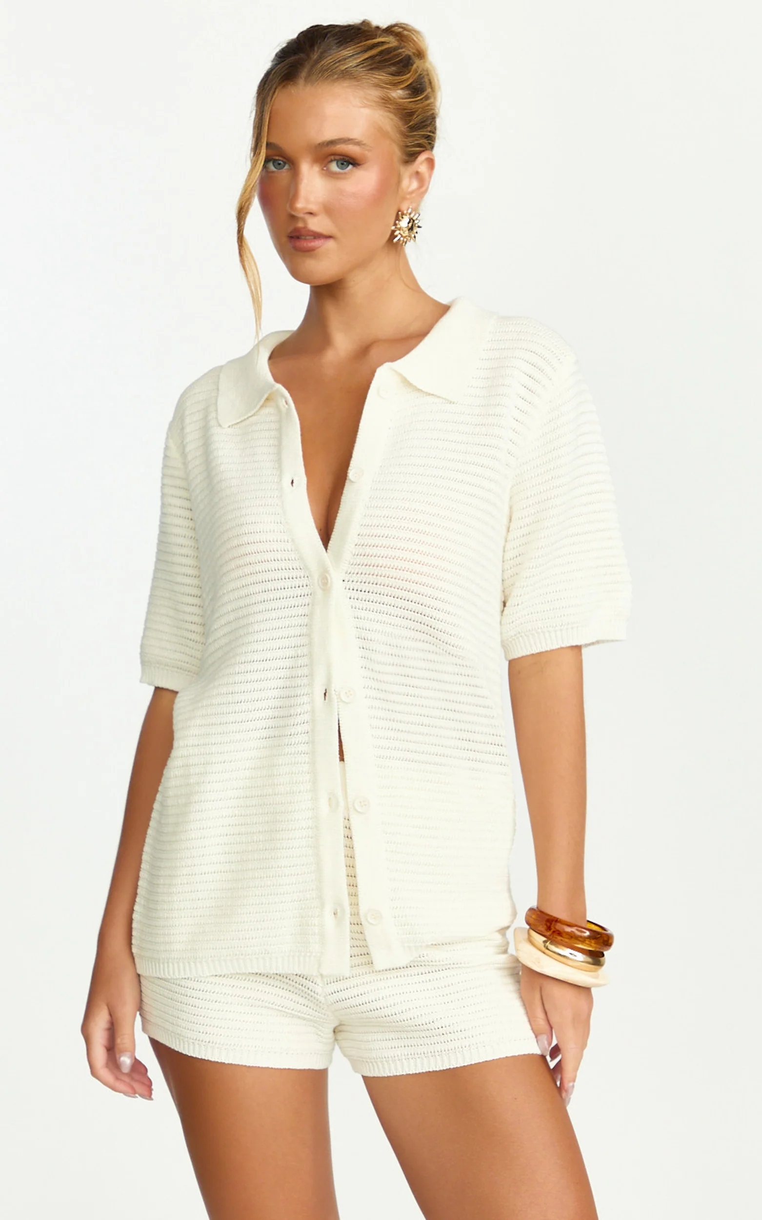 Vivi Two Piece Top and Shorts Set - Crochet Shirt and Shorts Set in Cream - Image 2