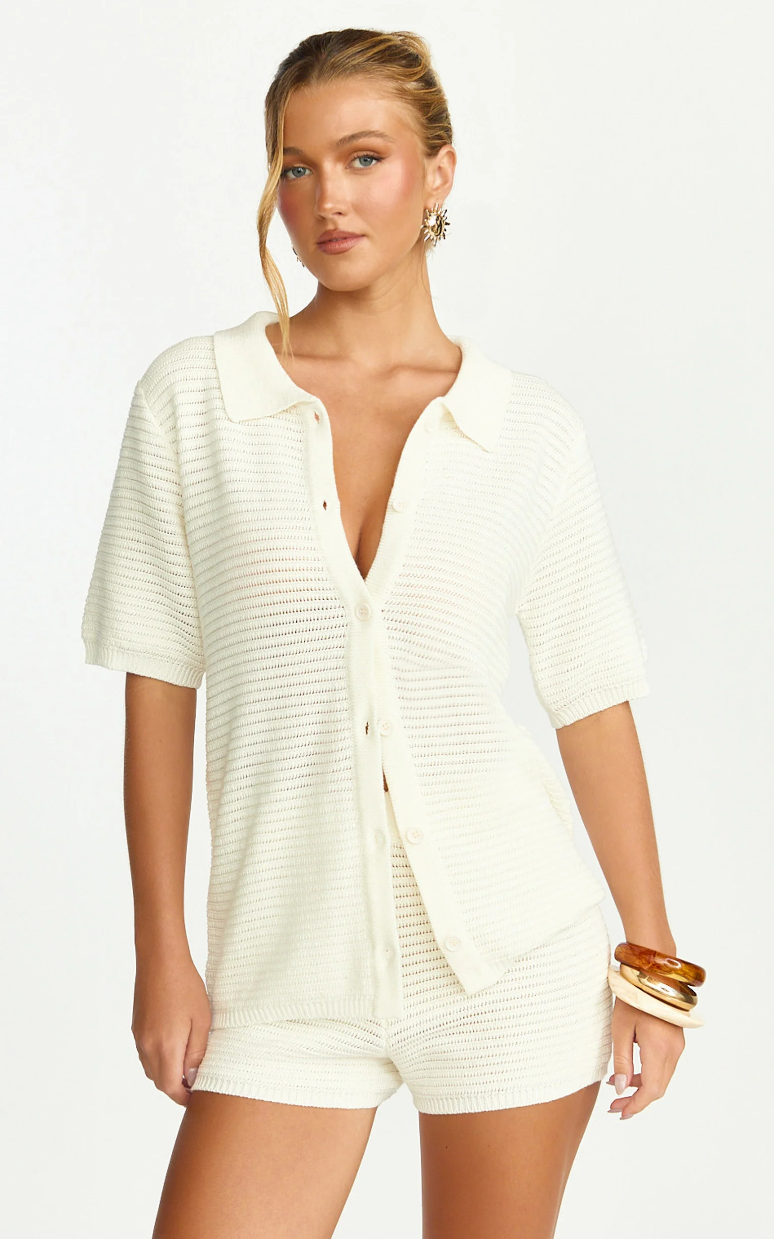 Vivi Two Piece Top and Shorts Set - Crochet Shirt and Shorts Set in Cream - Image 6
