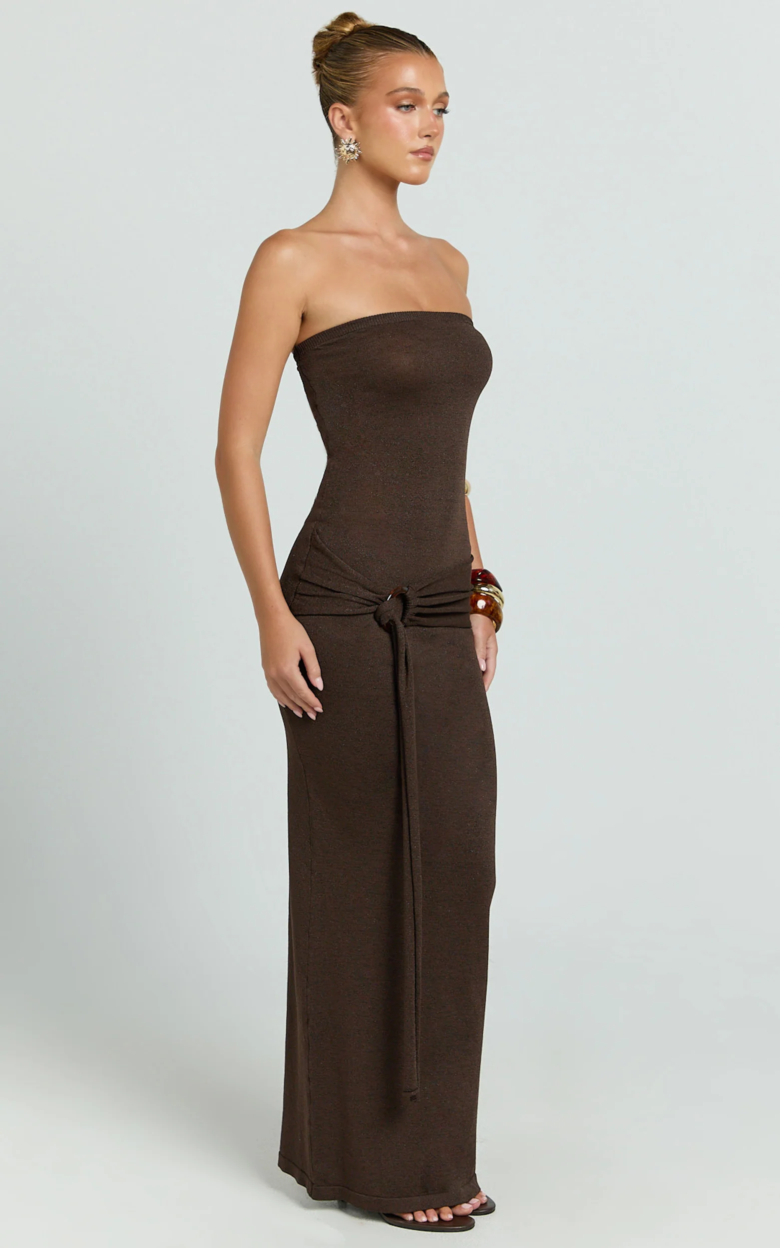 Viviana Maxi Dress - Knit Strapless Tie Waist Maxi Dress in Chocolate - Image 2