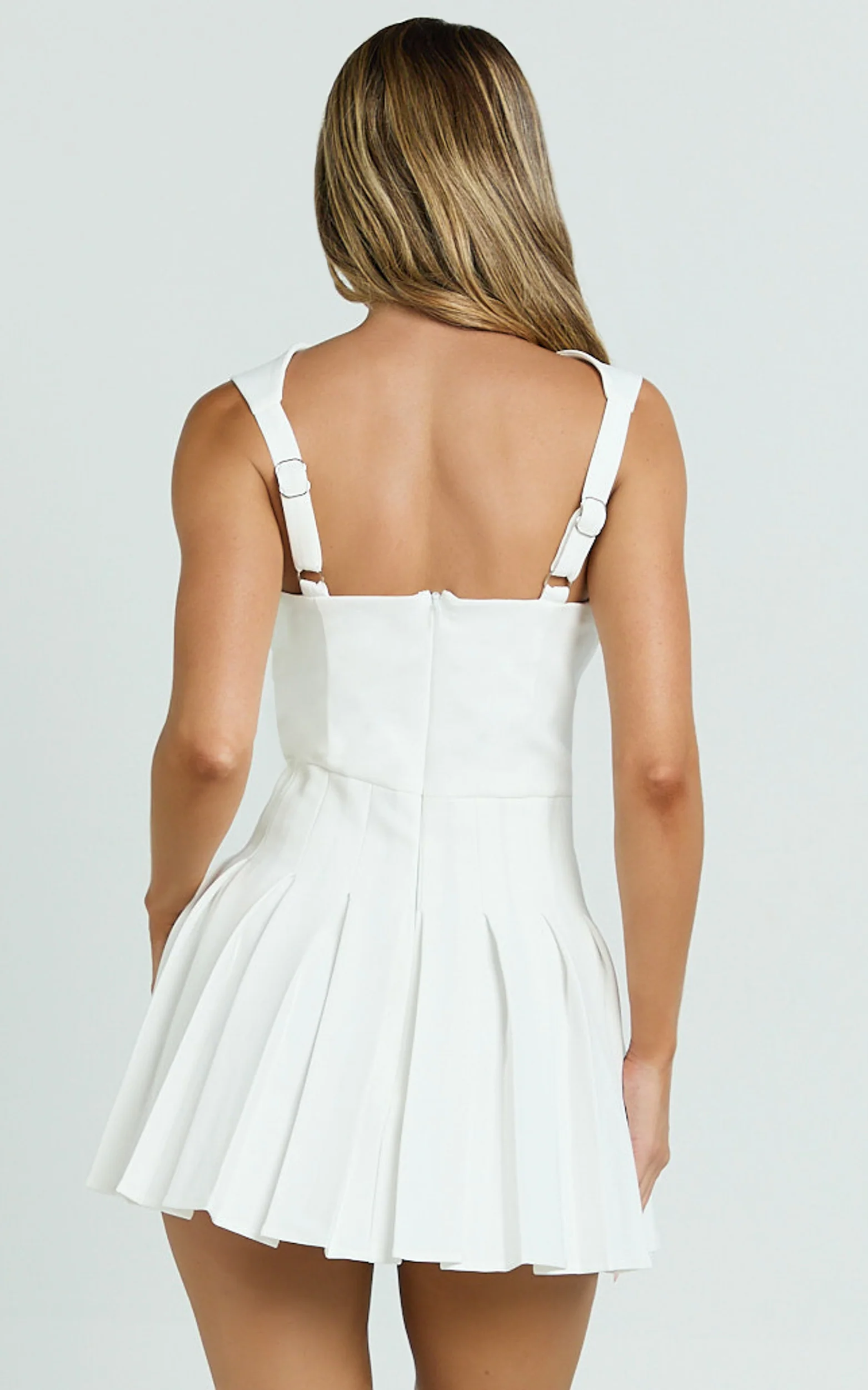 Wallace Mini Dress - Square Neck Wide Strap Drop Waist Pleated Dress in White - Image 8