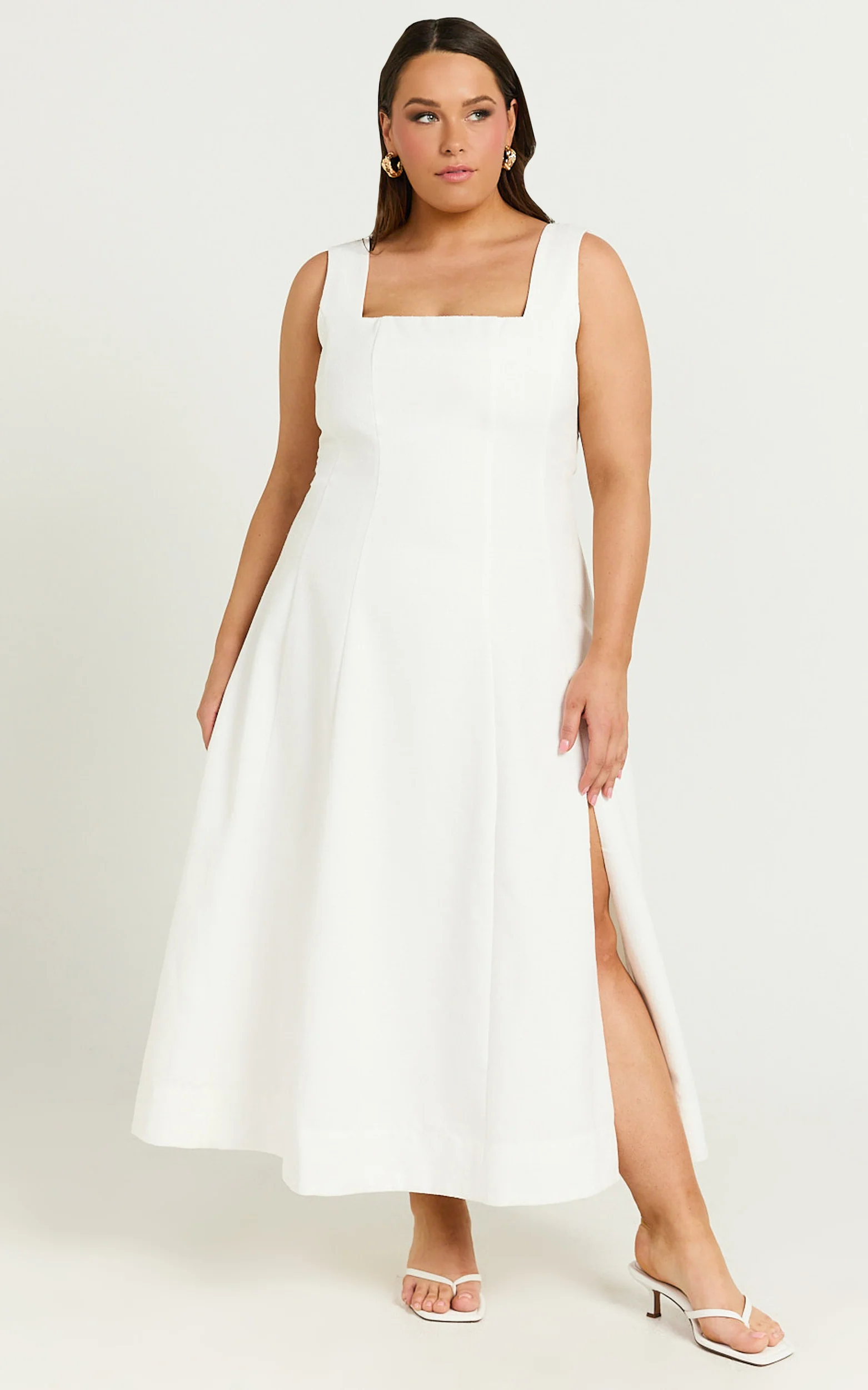 Walters Midi Dress - Square Neck Shirred Back Fit and Flare Panel Dress in White - Image 8