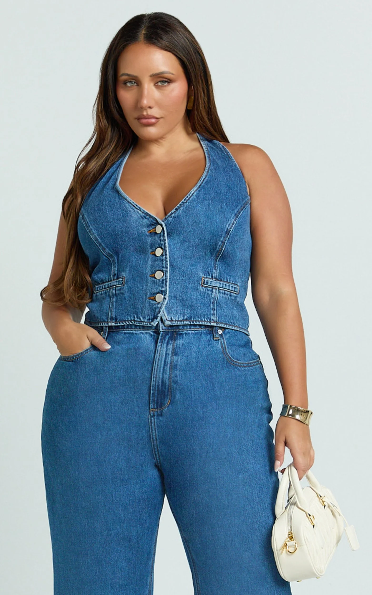 Walton Vest - Halter Neck Button Down Crop Recycled Denim Vest in Dark Blue Wash - Image 2