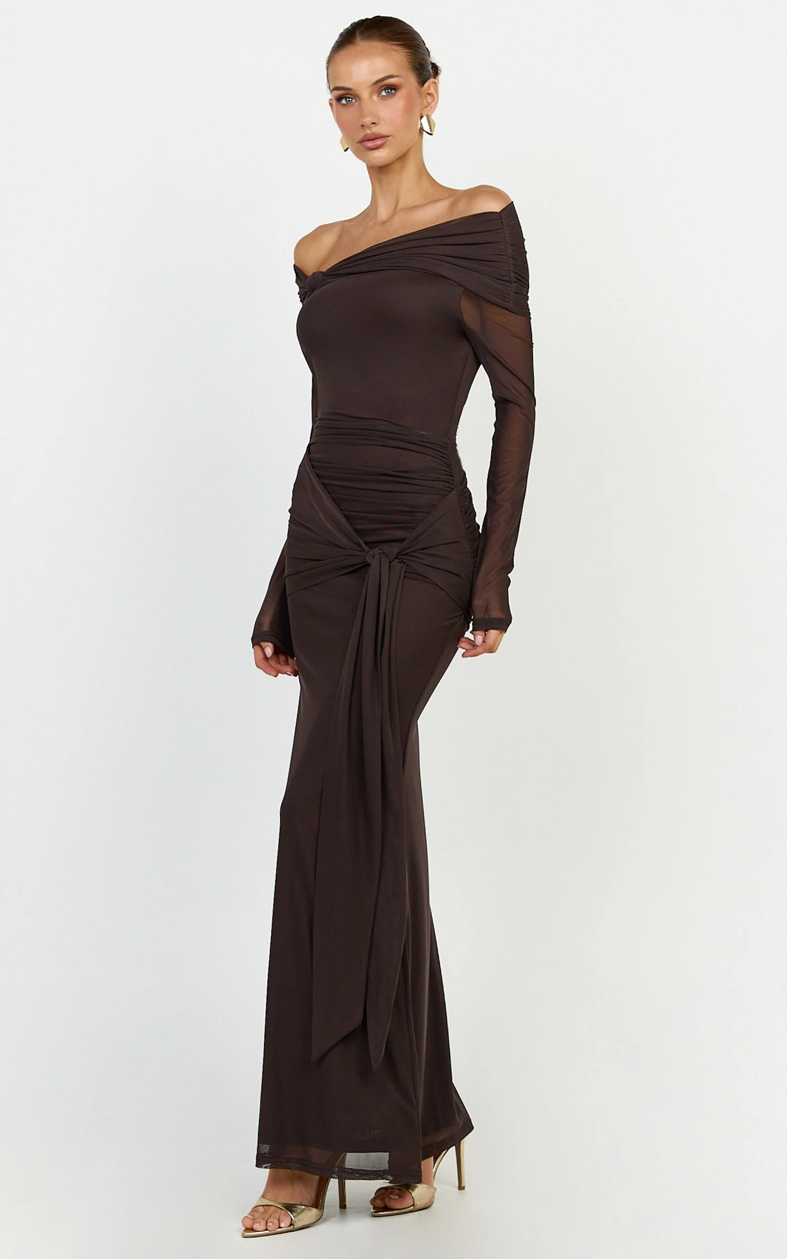 Waverly Maxi Dress - Long Sleeve Off Shoulder Dress in Chocolate - Image 2
