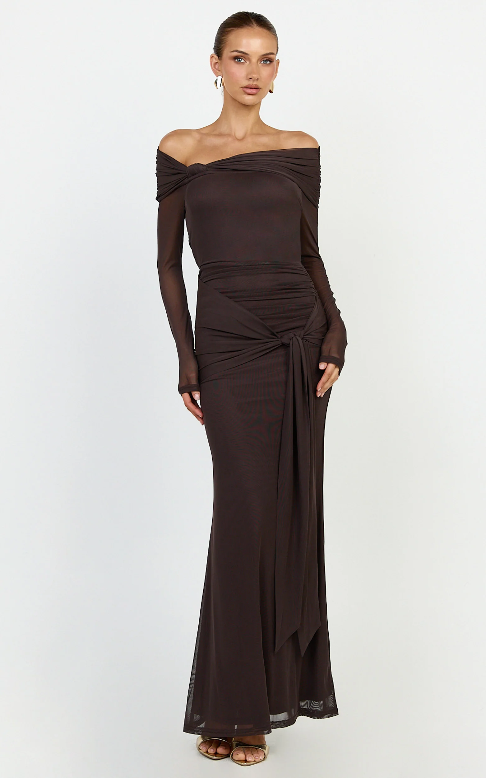 Waverly Maxi Dress - Long Sleeve Off Shoulder Dress in Chocolate - Image 3