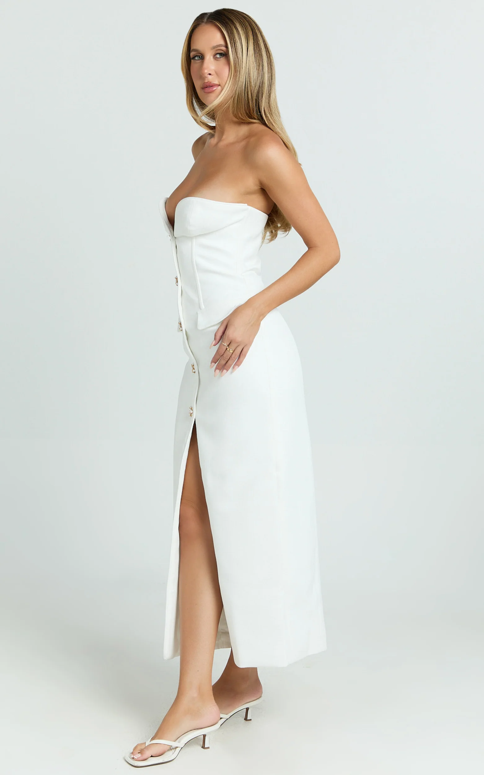 Wilde Midi Dress - Boucle Strapless Button Front Bodycon Dress in White - Image 2