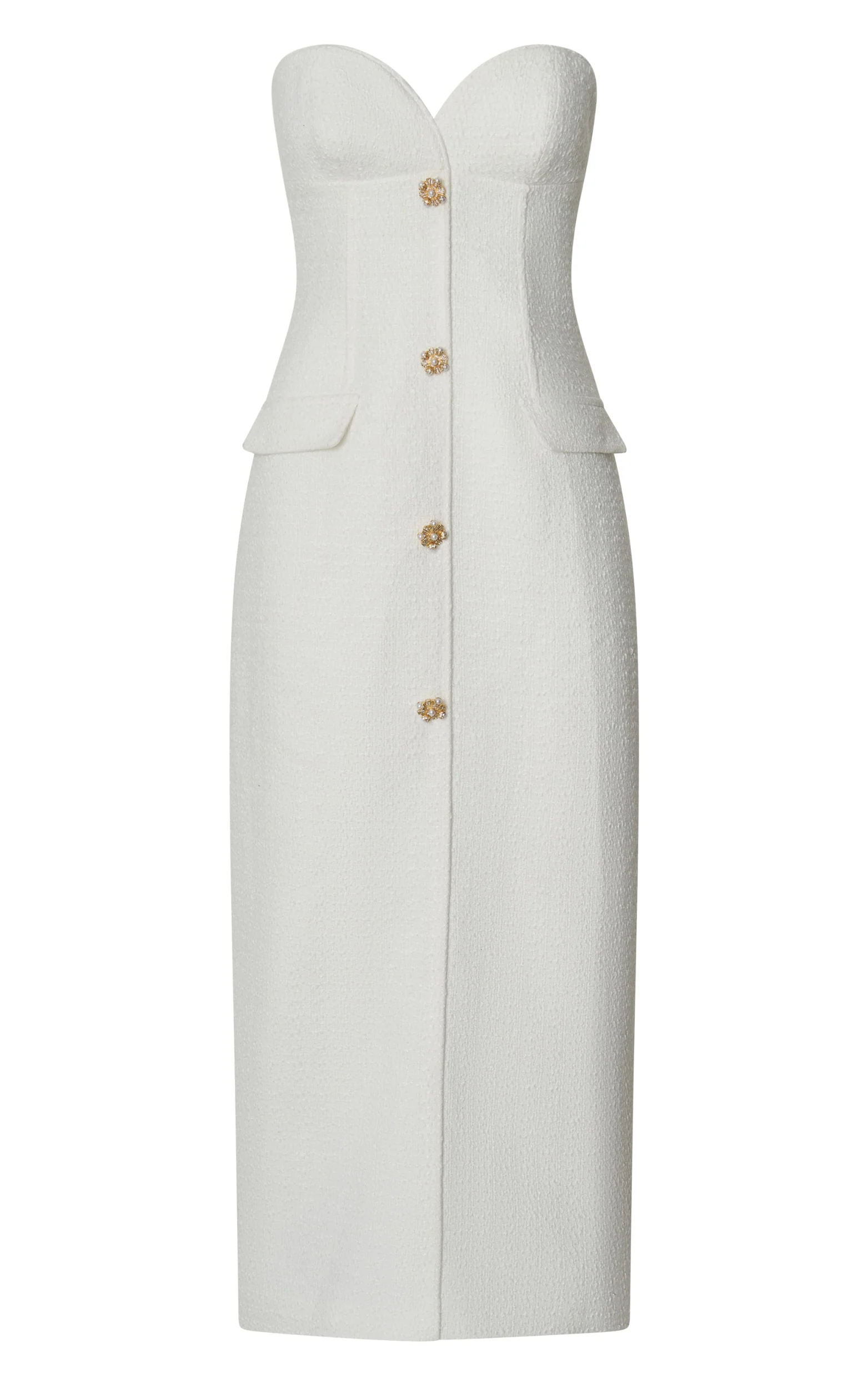Wilde Midi Dress - Boucle Strapless Button Front Bodycon Dress in White - Image 7