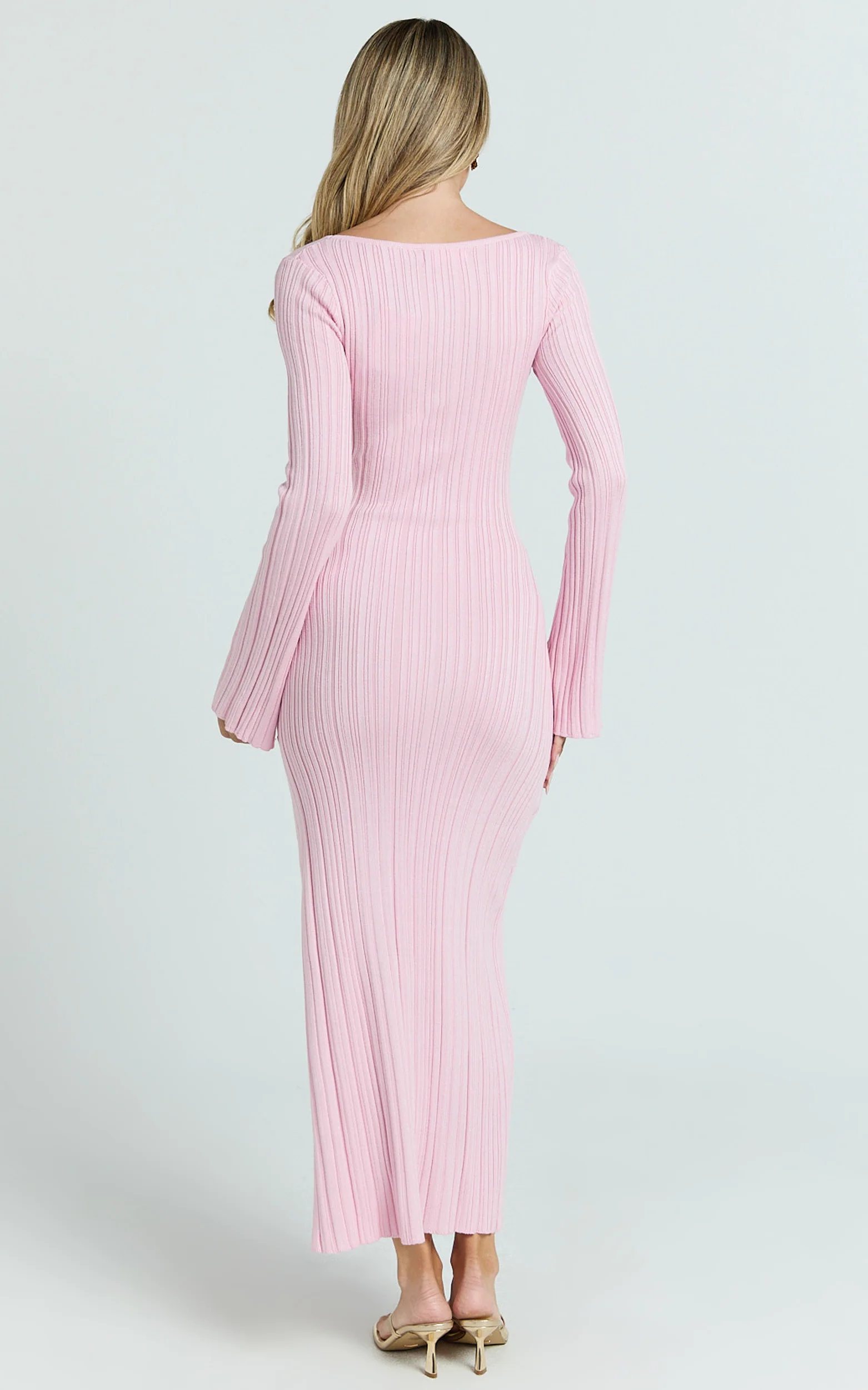 Wilde Midi Dress - Textured Stripe Knit V Neck Metal Trim Dress in Pink - Image 6