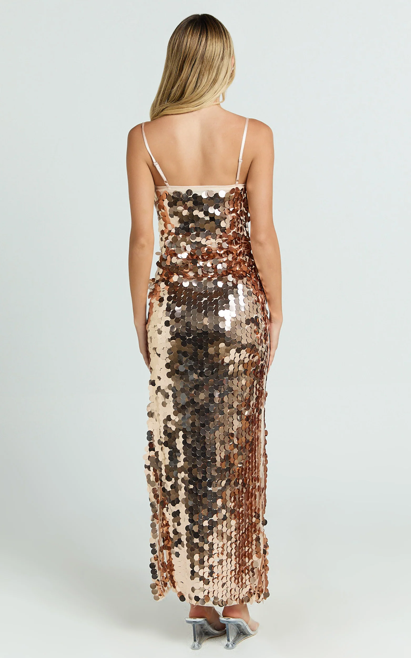 Wilfreda Midi Dress - Sequin Square Neck Bodycon Dress in Rose Gold - Image 6