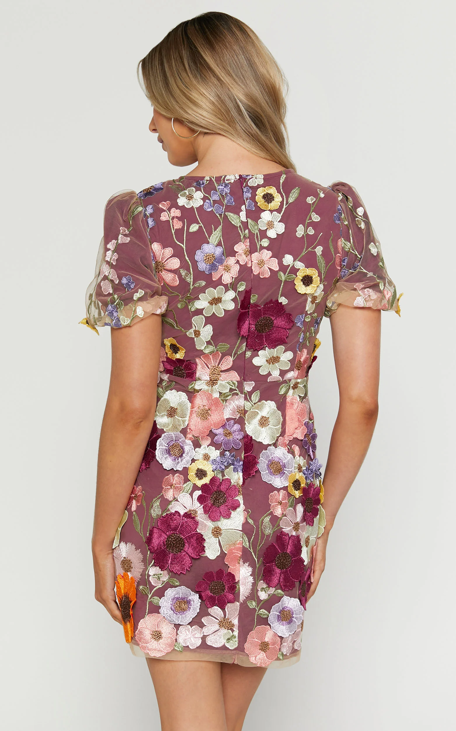 Wren Mini Dress - Puff Sleeve Bodycon 3d Garden Flowers Dress in Burgundy - Image 4