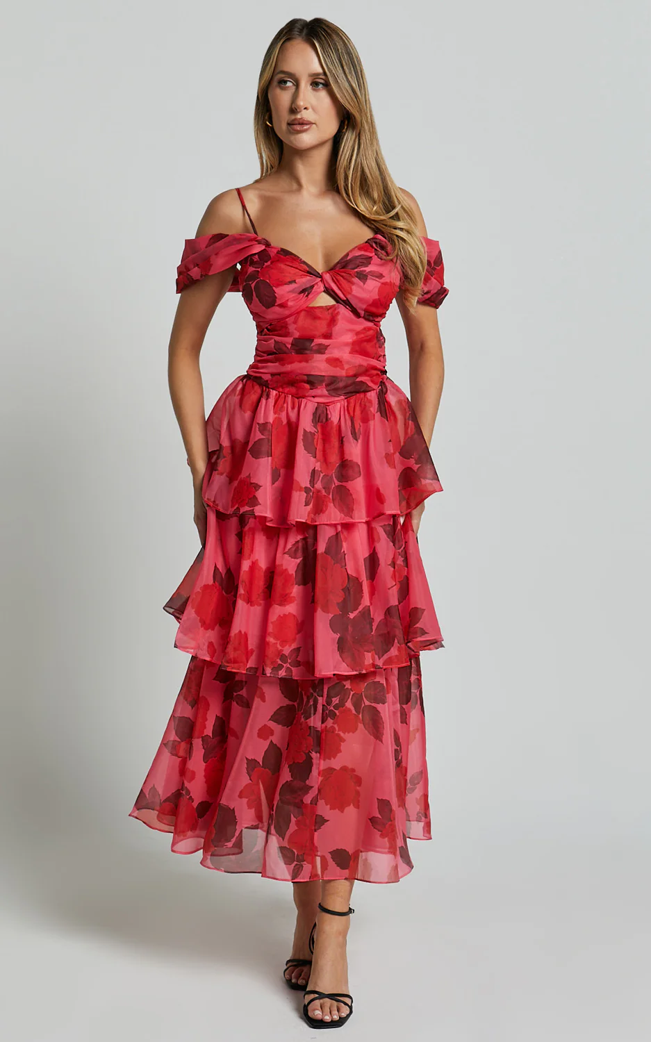 Xena Midi Dress - Off The Shoulder Cut Out Front Layered Dress in Pink Print - Image 3