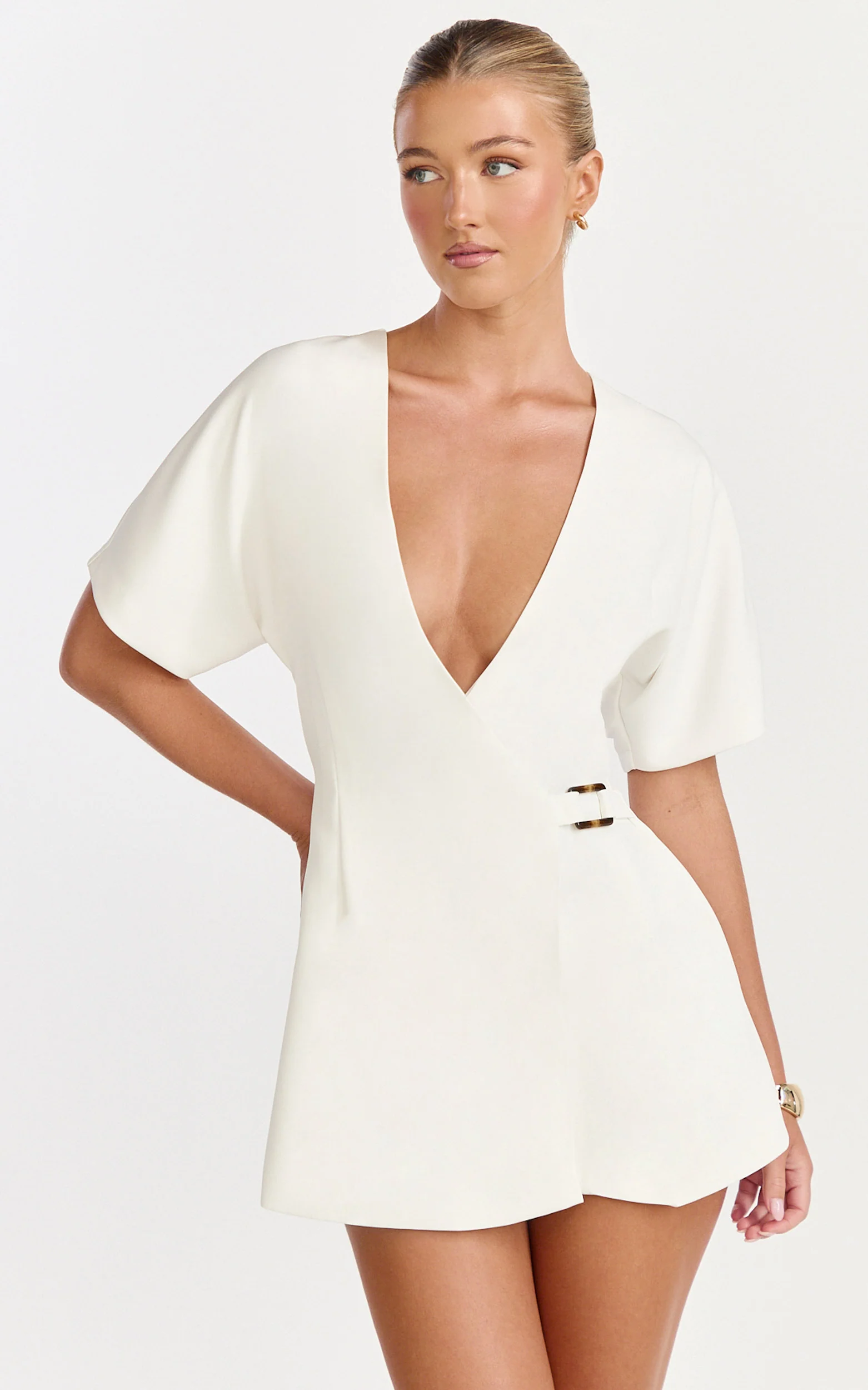 Xena Mini Dress - Mock Wrap Buckle Dress in White - Image 3