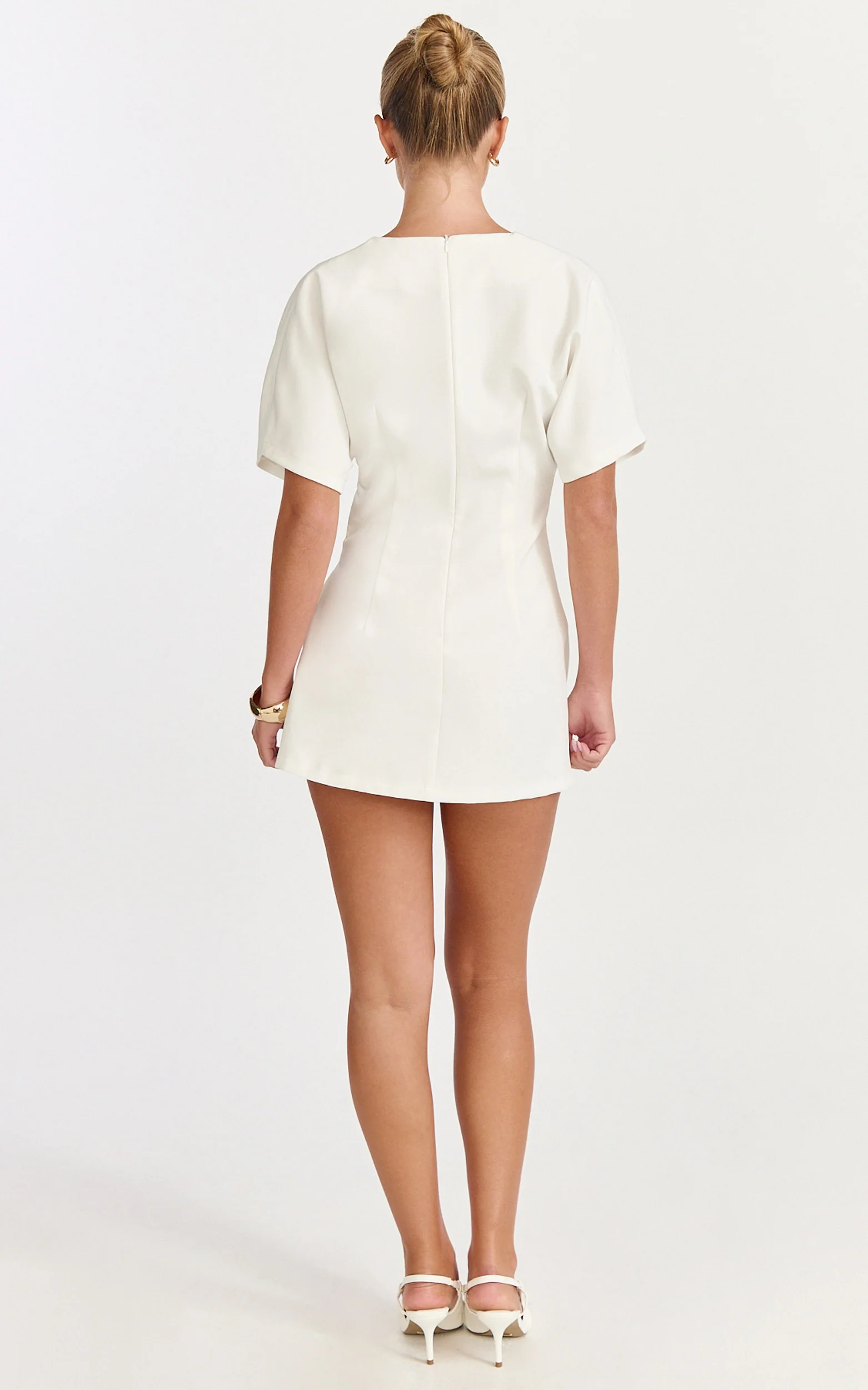 Xena Mini Dress - Mock Wrap Buckle Dress in White - Image 5
