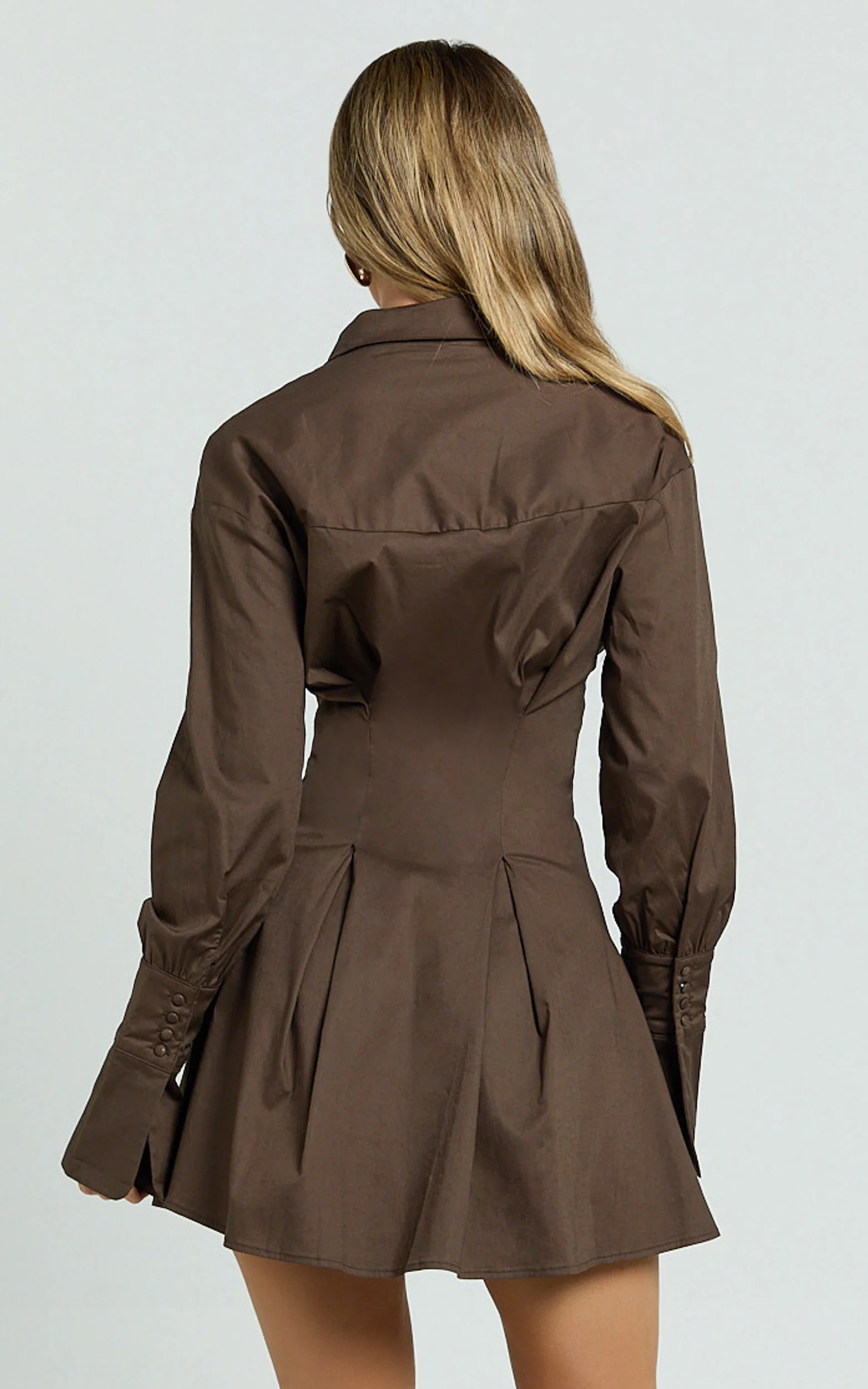 Yasmina Mini Dress - Button Front Long Sleeve Fit And Flare Dress in Dark Chocolate - Image 6