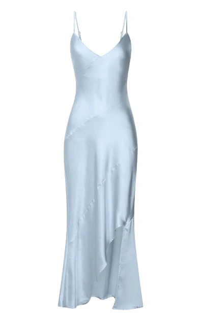 Ylona Midi Dress - Asymmetric Draped Bias Cut Satin Slip Dress in Ice Blue - Image 7