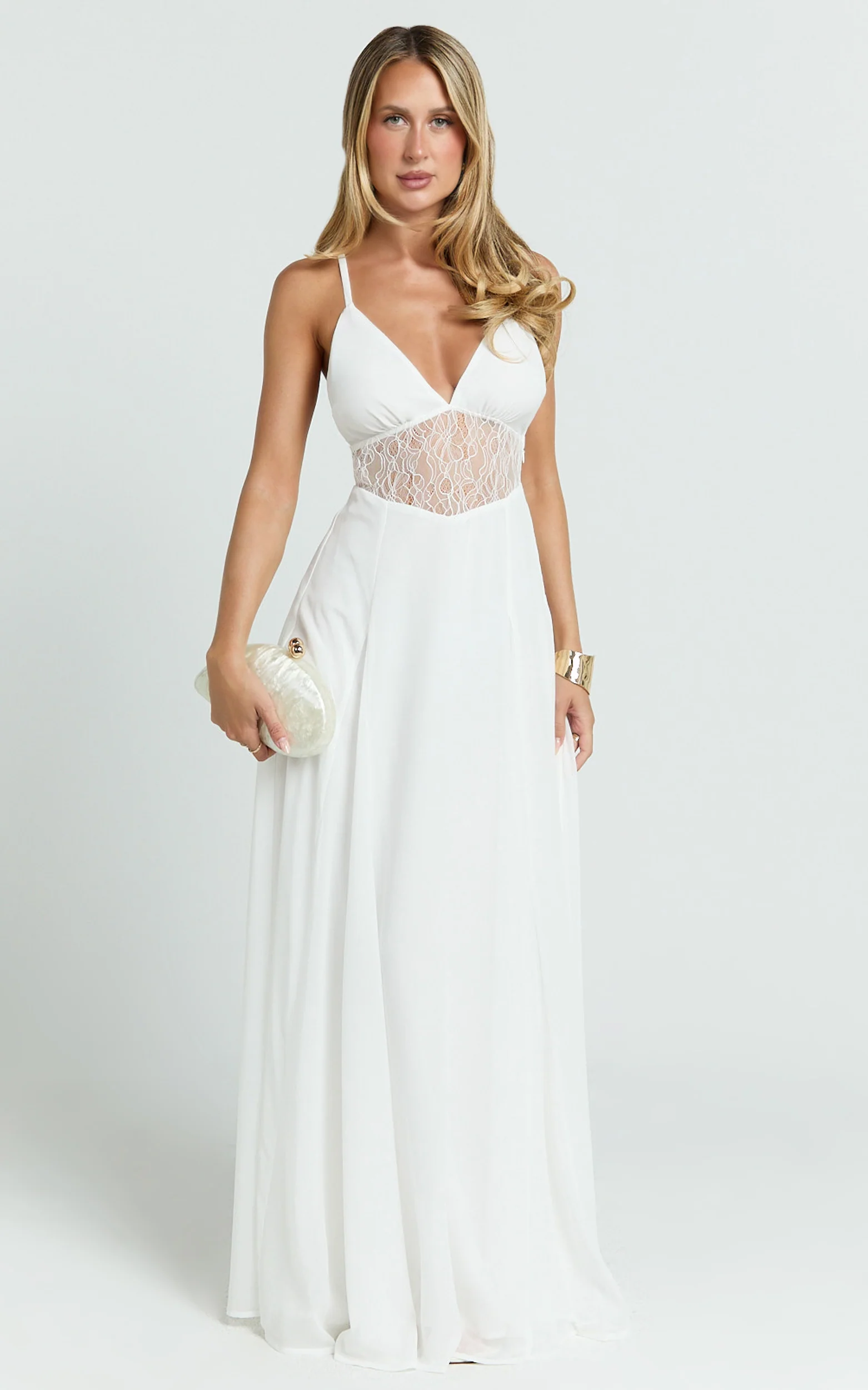 Ysolde Maxi Dress - V Neck Low Back Fit And Flare Dress in White - Image 4