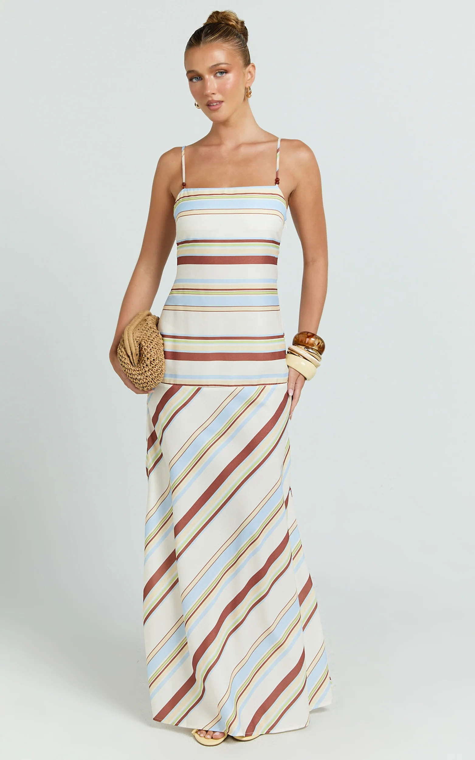 Yurika Maxi Dress - Square Neck Stripe Print Slip Dress in Choco Retro Stripe