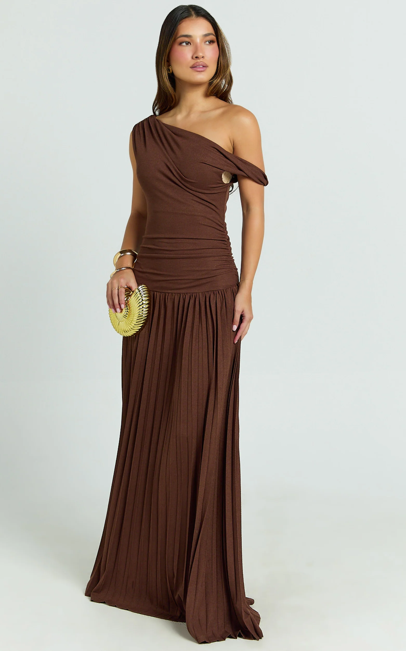 Yvonne Maxi Dress - Pleat Skirt Tip Shoulder Ruched Dress in Chocolate - Image 4