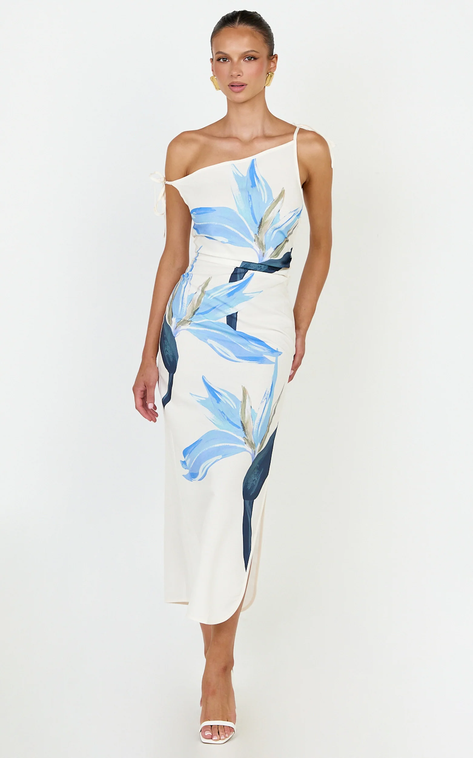 Zali Midi Dress - Off Shoulder Side Split Column Dress in Zali Floral Print - Image 4