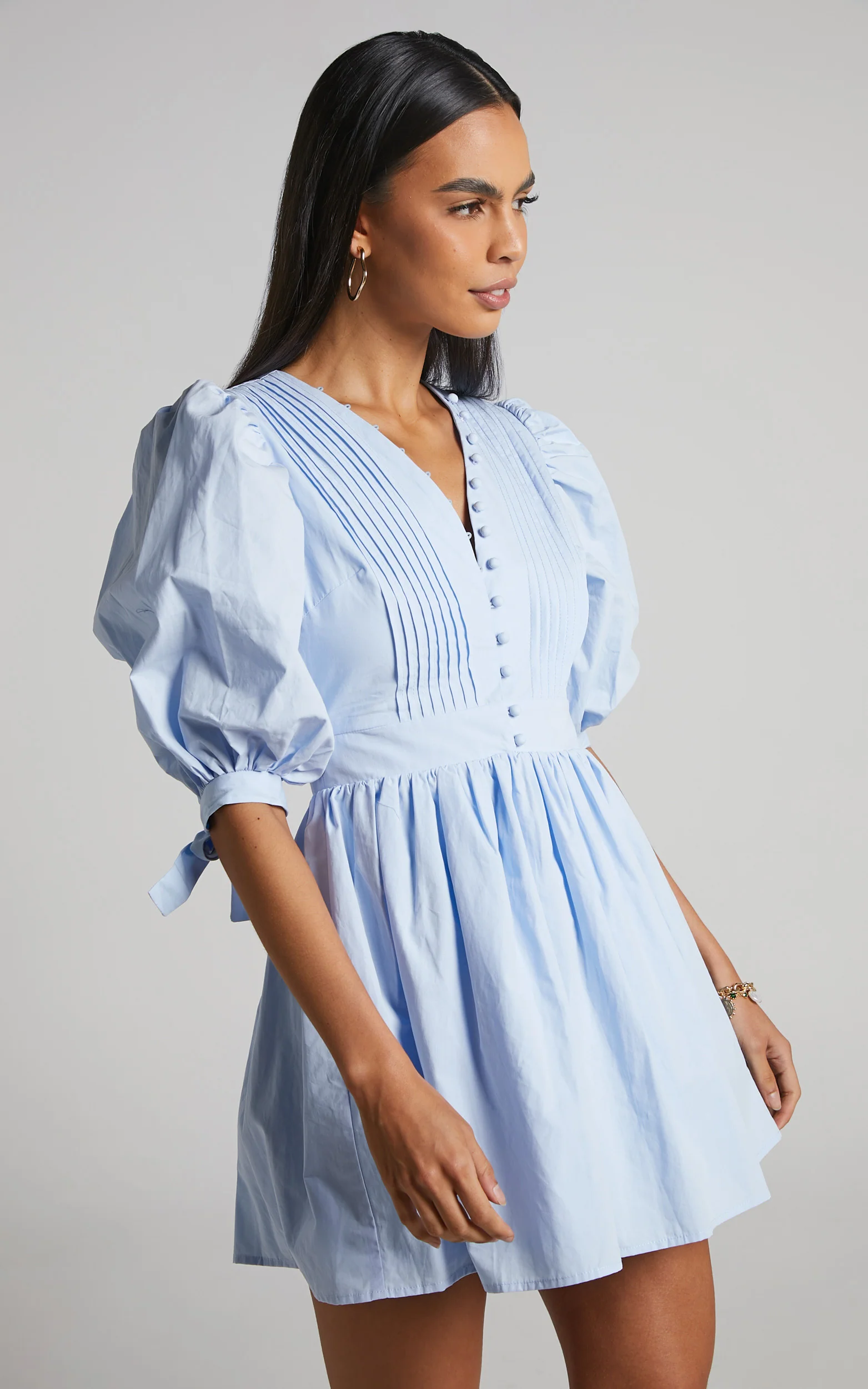 Zandra Mini Dress - Puff Sleeve Poplin Dress in Icy Blue - Image 3