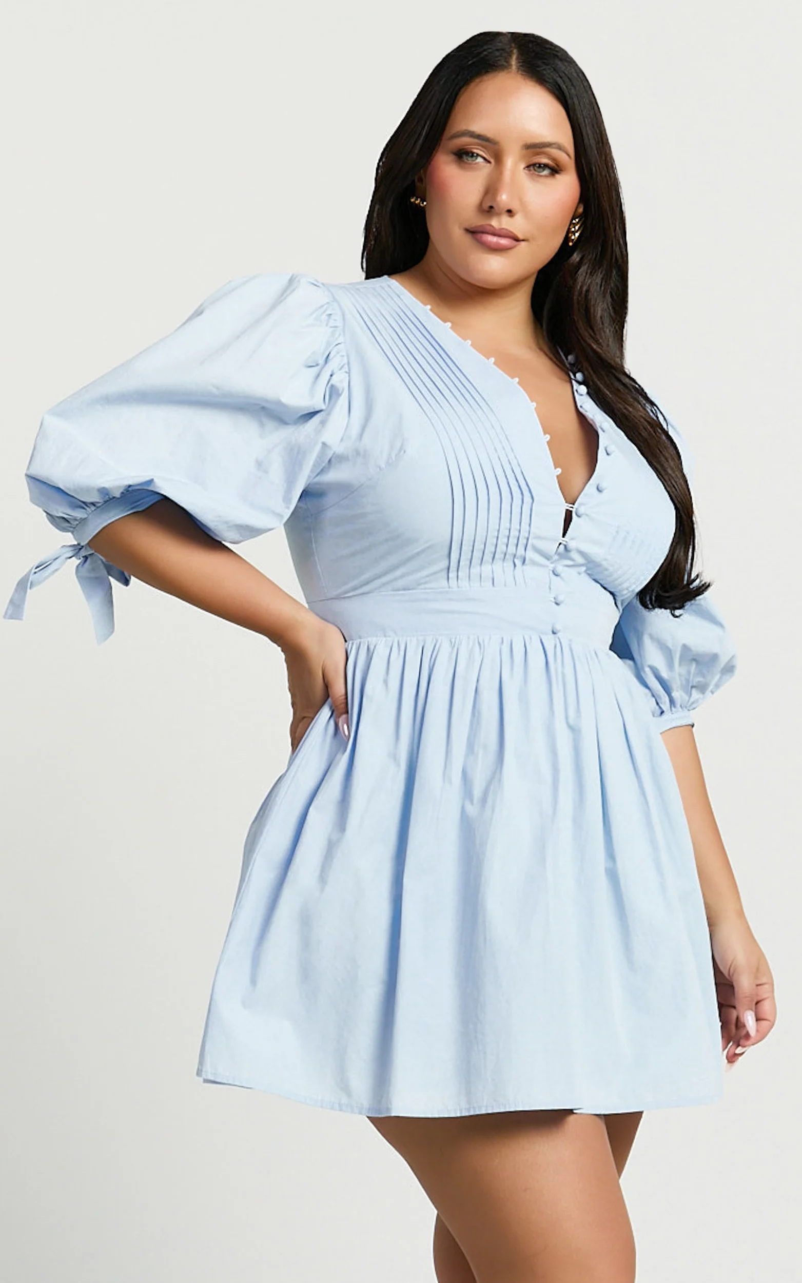 Zandra Mini Dress - Puff Sleeve Poplin Dress in Icy Blue - Image 7