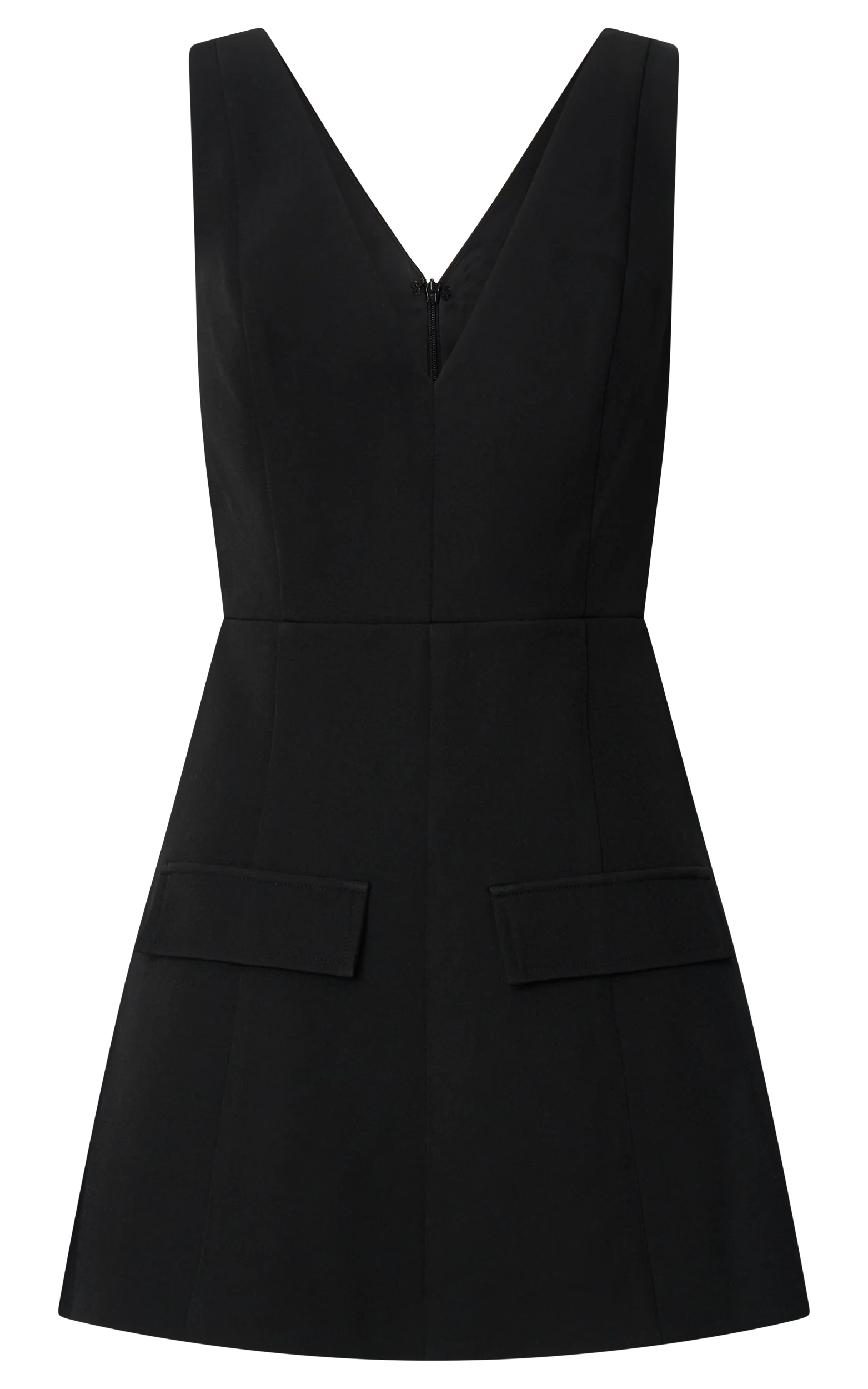 Zareena Mini Dress - V Neck Structured Tulip Pocket Detail Dress in Black - Image 7