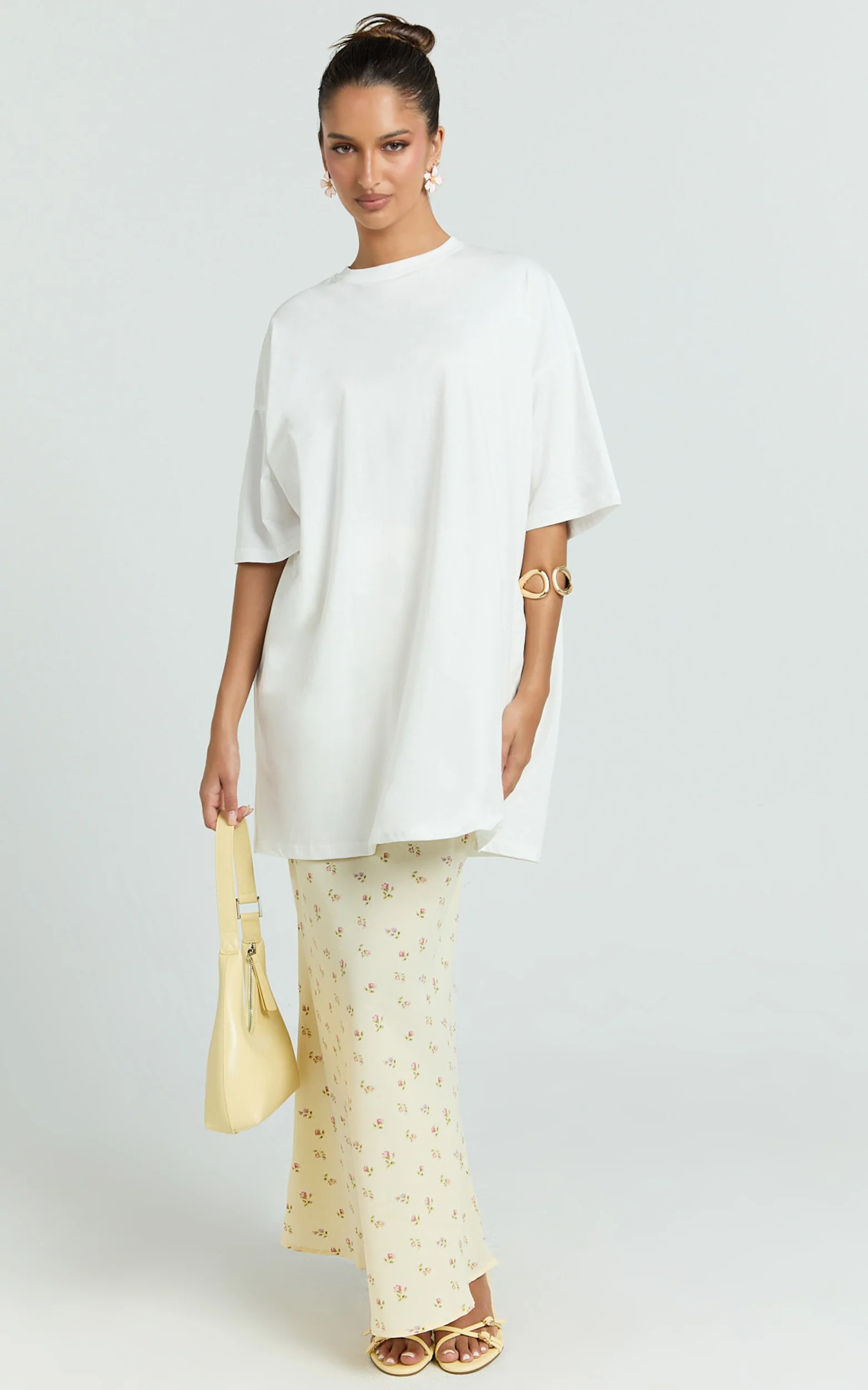 Zaya Two Piece Top and Skirt Set - Oversized Tee and Floral Sheer Midi Skirt Set in White and Yellow - Image 3