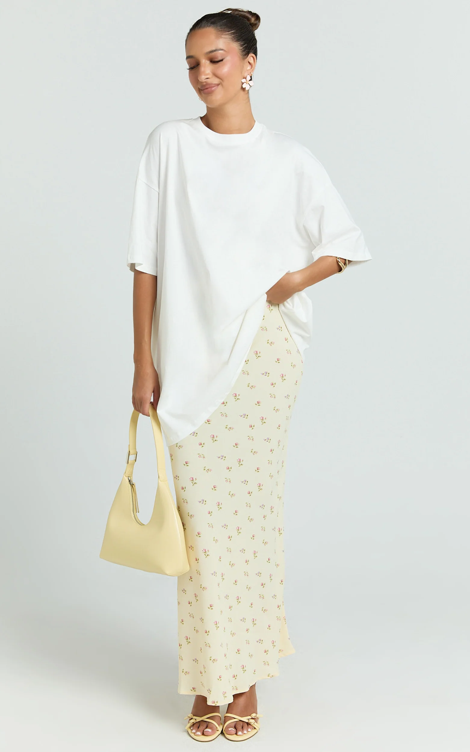 Zaya Two Piece Top and Skirt Set - Oversized Tee and Floral Sheer Midi Skirt Set in White and Yellow - Image 4