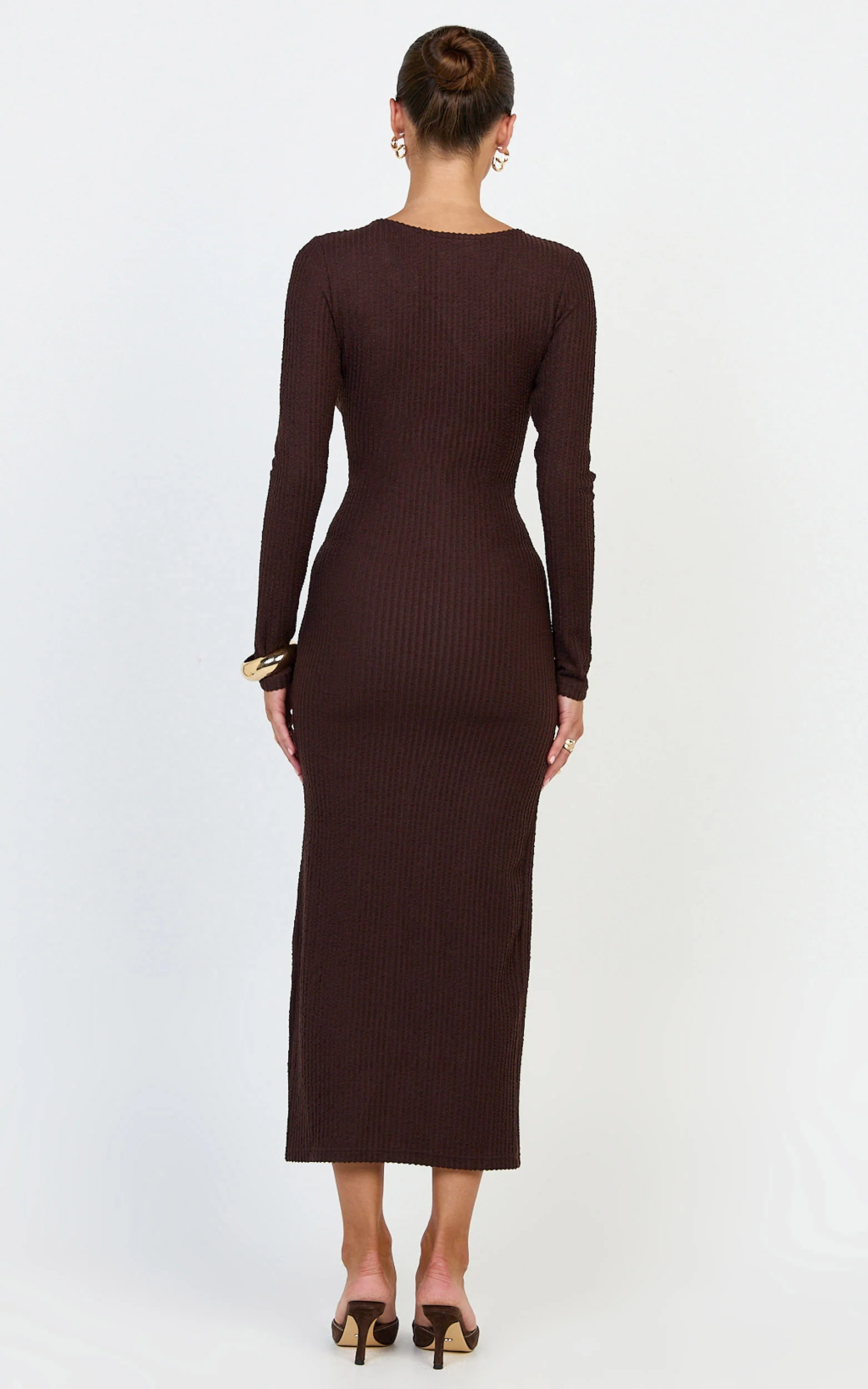 Zayla Midi Dress - Long Sleeve Button Front Bodycon Dress in Chocolate - Image 8