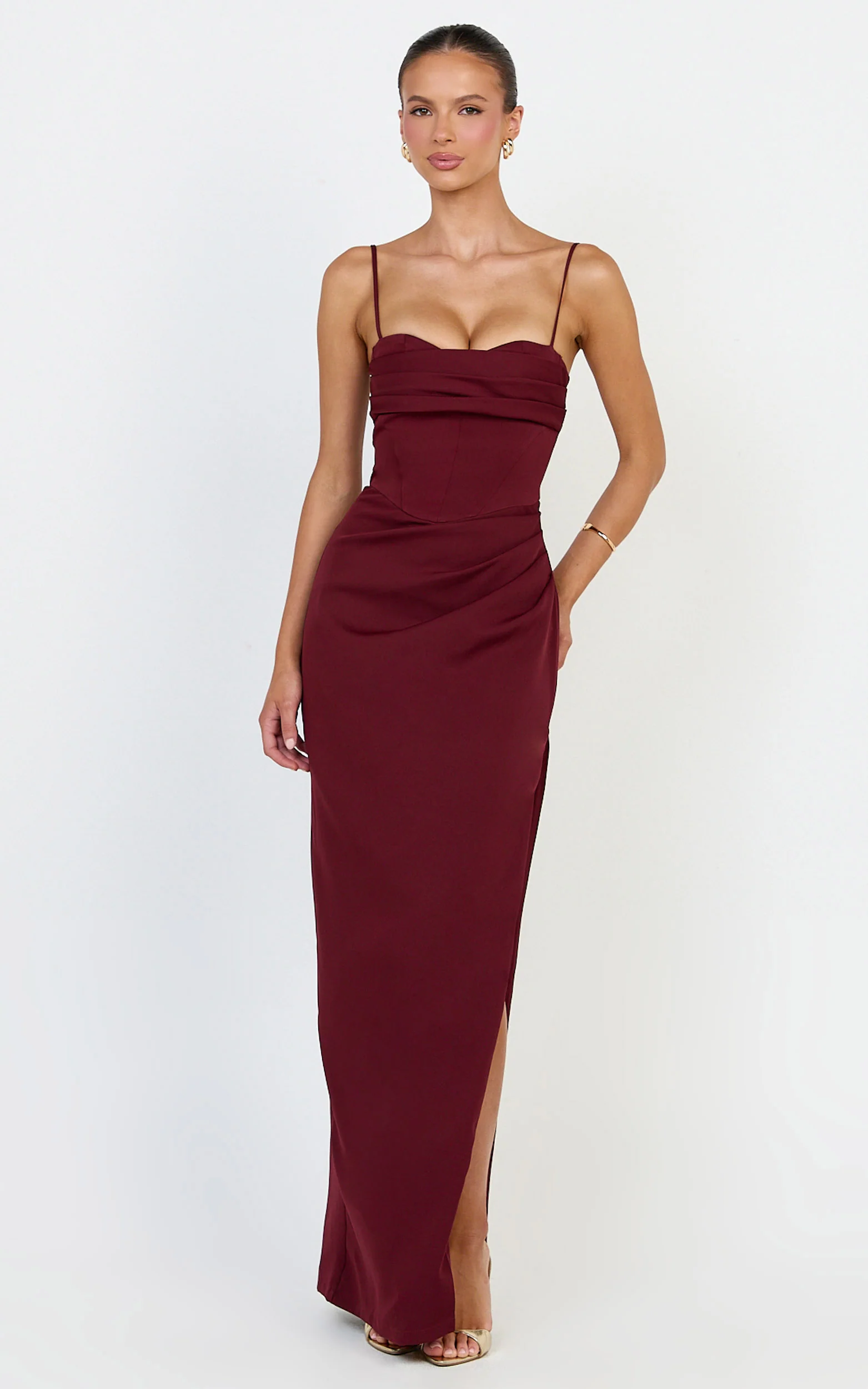Zinnia Maxi Dress - Gathered Bust Side Split Dress in Wine - Image 5