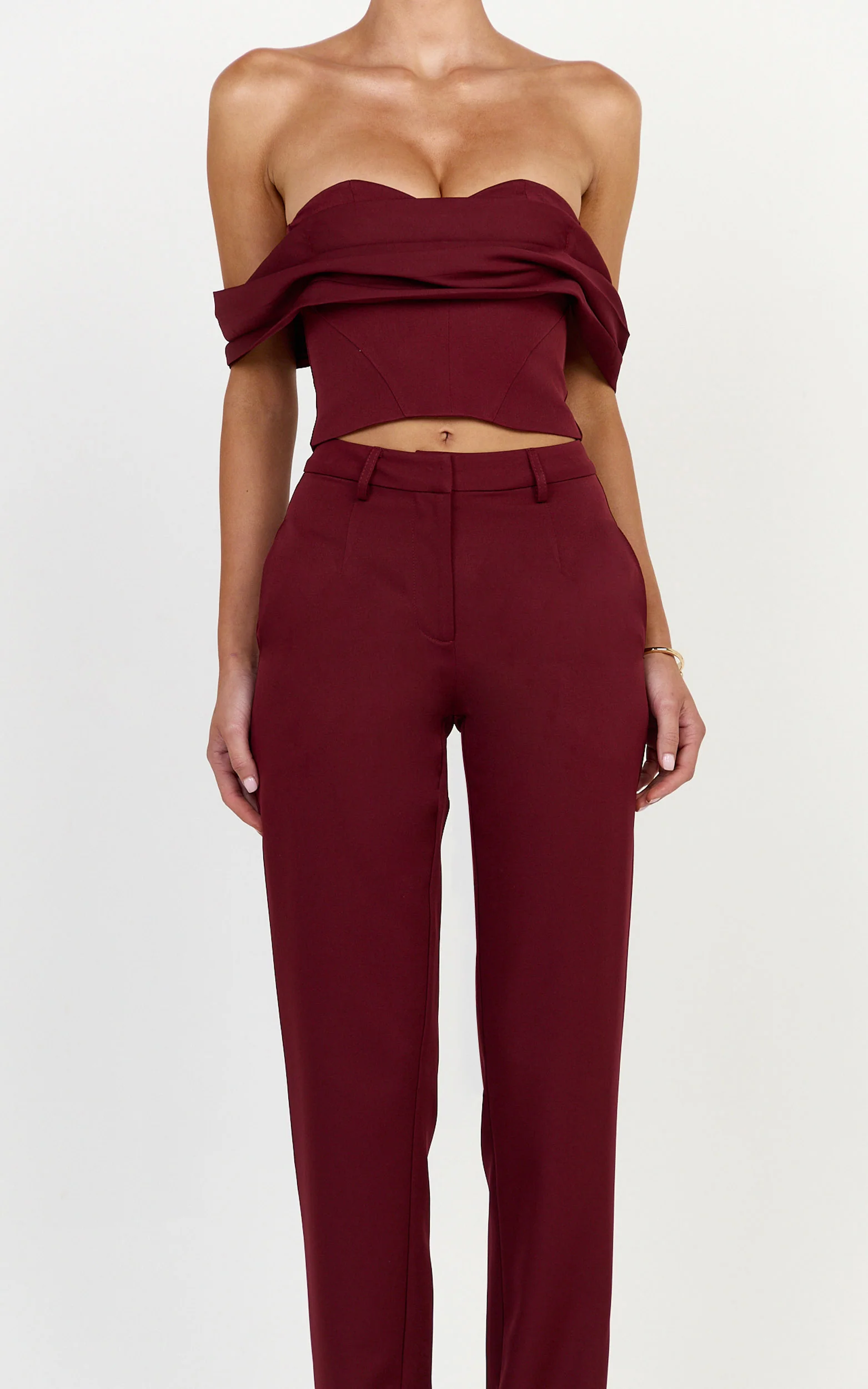 Zinnia Two Piece Top and Pants Set - Off Shoulder Top and Straight Leg Pants in Wine - Image 6