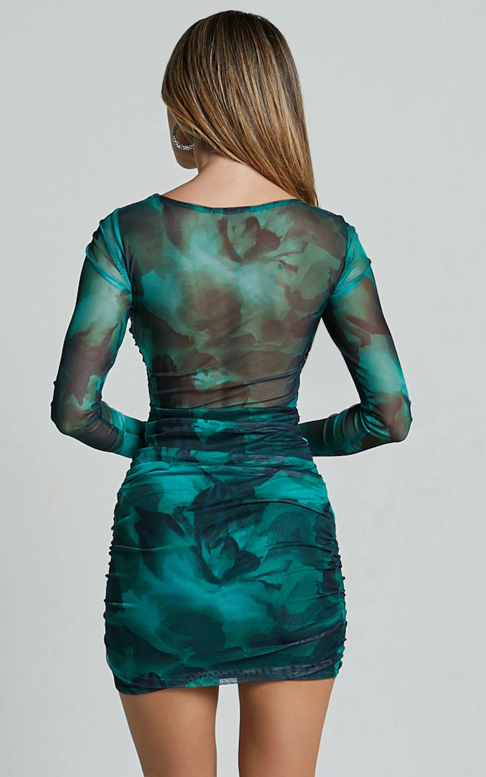 Zita Mini Dress - High Neck Long Sleeve Bodycon Mesh Dress in Green Floral Print - Image 8