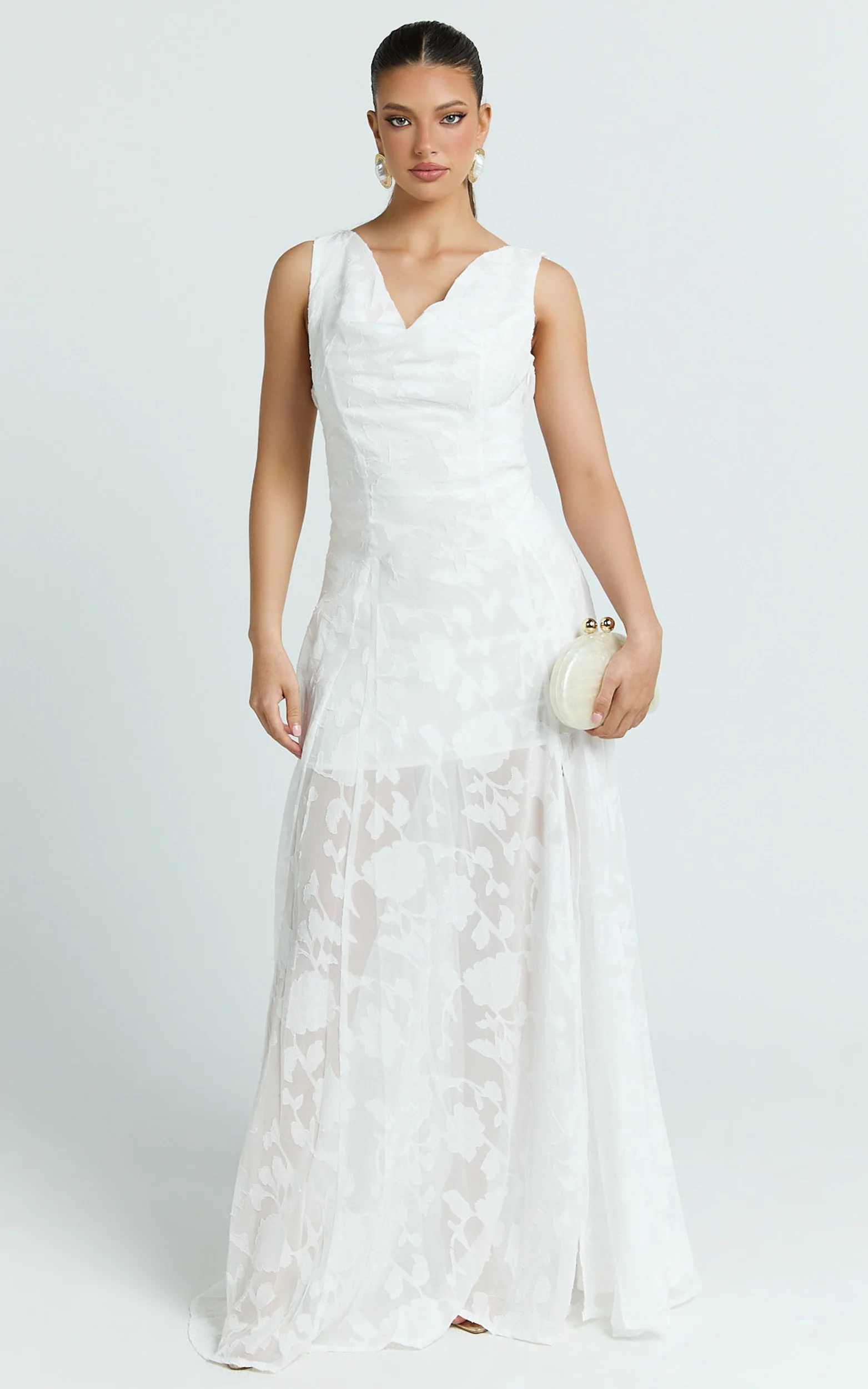 Ziva Maxi Dress - Jacquard Cowl Neck Dress in White - Image 4